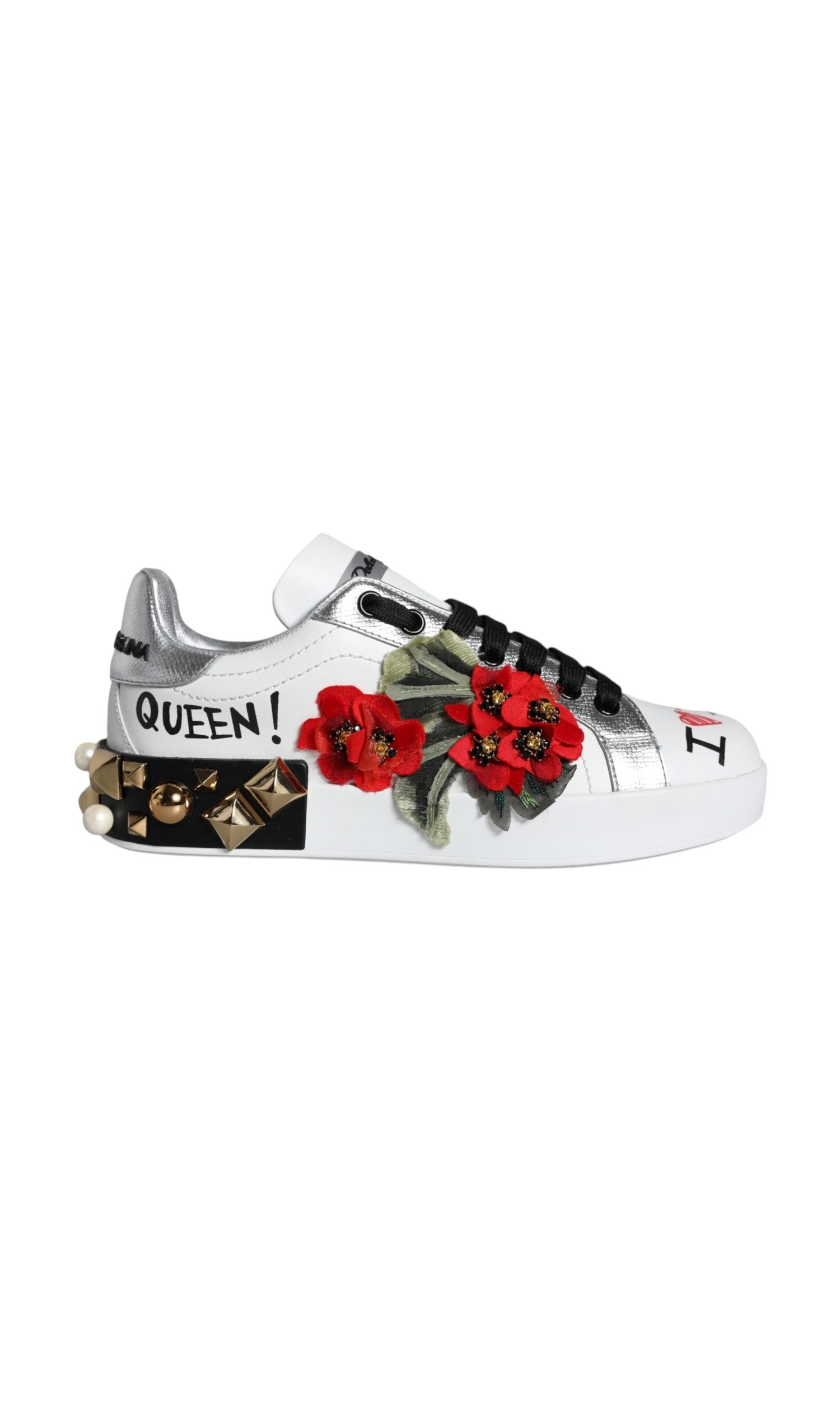 Dolce & Gabbana White Leather Floral Studded Sneakers Shoes Glam Steals