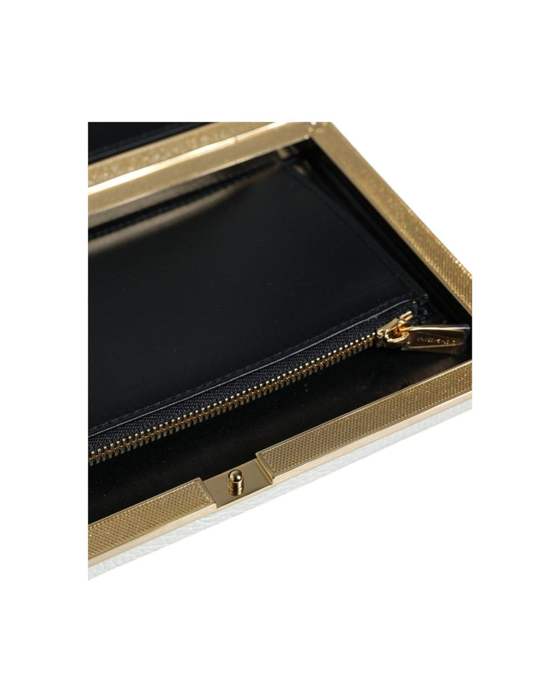 Dolce & Gabbana Leather Frame Clutch Evening Party Purse White Gold Bag Glam Steals