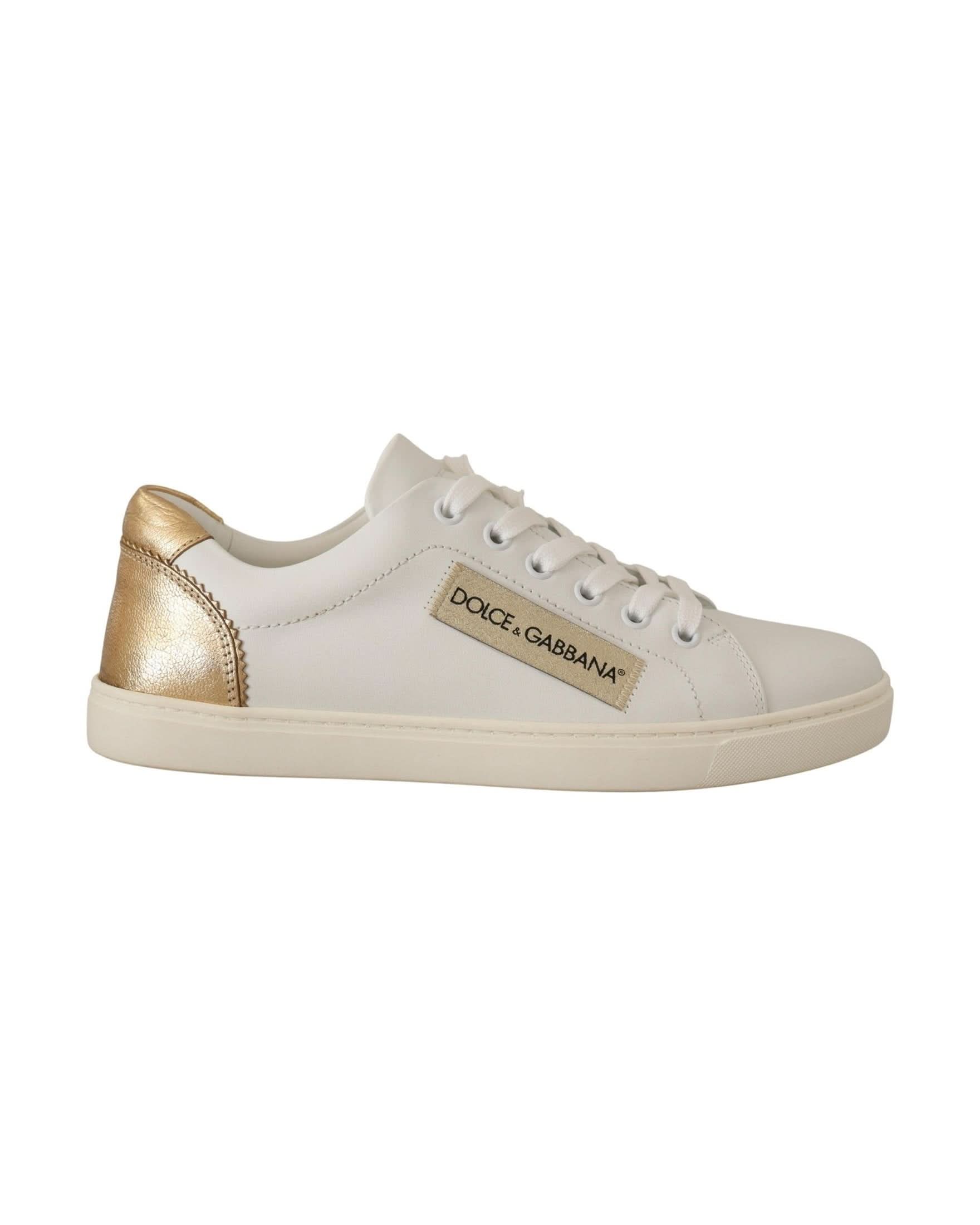 Dolce & Gabbana White Leather Gold Low Top Sneakers Sneakers