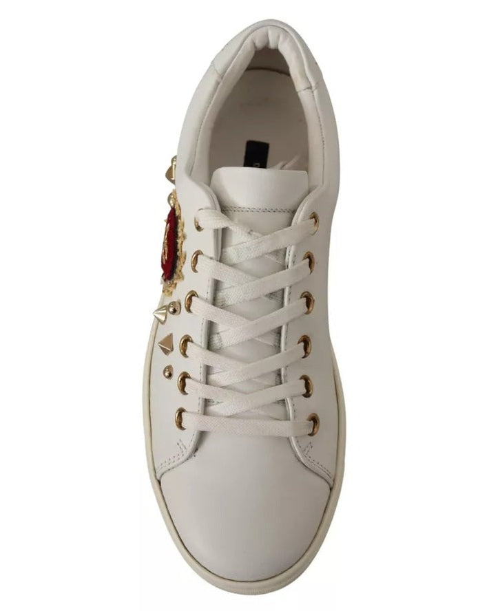 Dolce & Gabbana White Leather Gold Red Heart Sneakers Sneakers