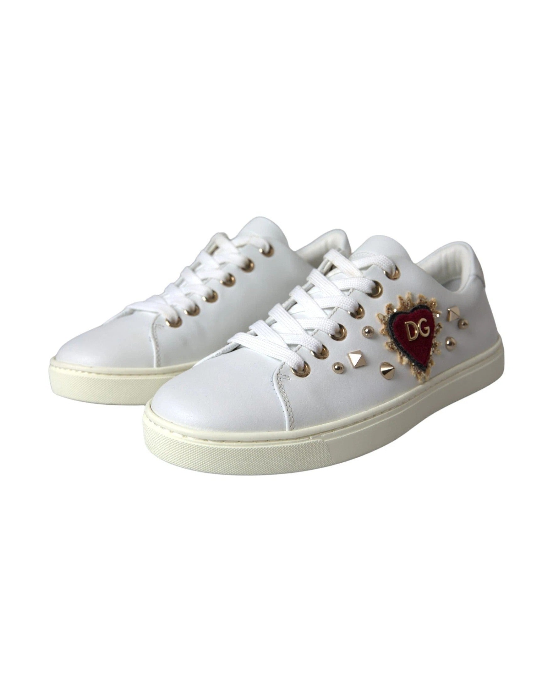 Dolce & Gabbana White Leather Gold Red Heart Sneakers Shoes Glam Steals