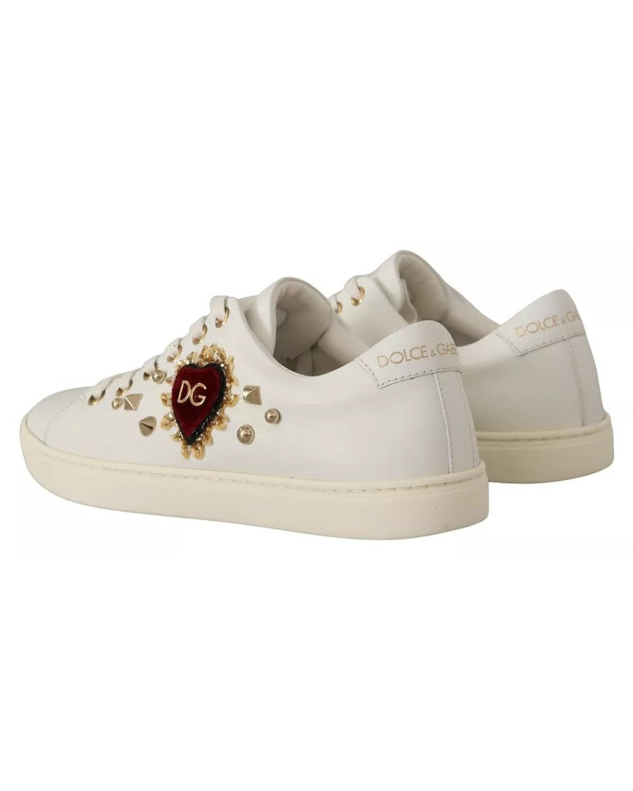 Dolce & Gabbana White Leather Gold Red Heart Sneakers Sneakers