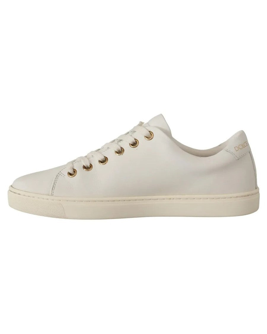 Dolce & Gabbana White Leather Gold Red Heart Sneakers Sneakers