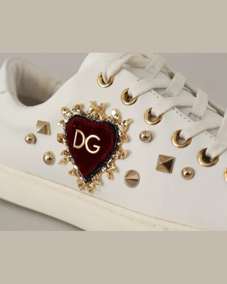 Dolce & Gabbana White Leather Gold Red Heart Sneakers Sneakers