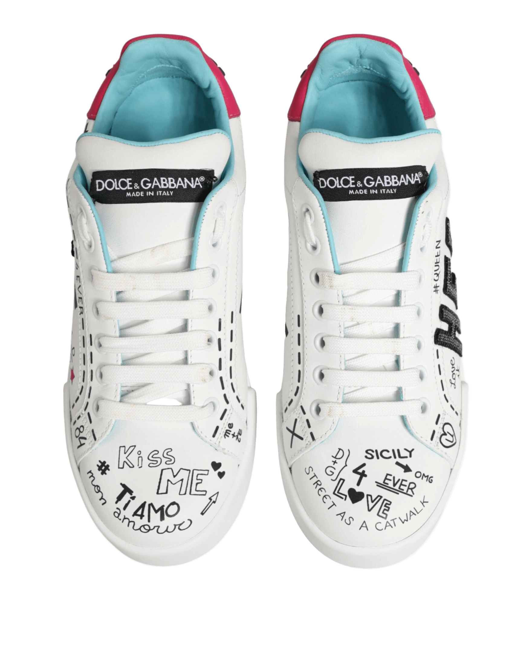 Dolce & Gabbana White Leather Graffiti Low Top Sneakers Shoes Sneakers