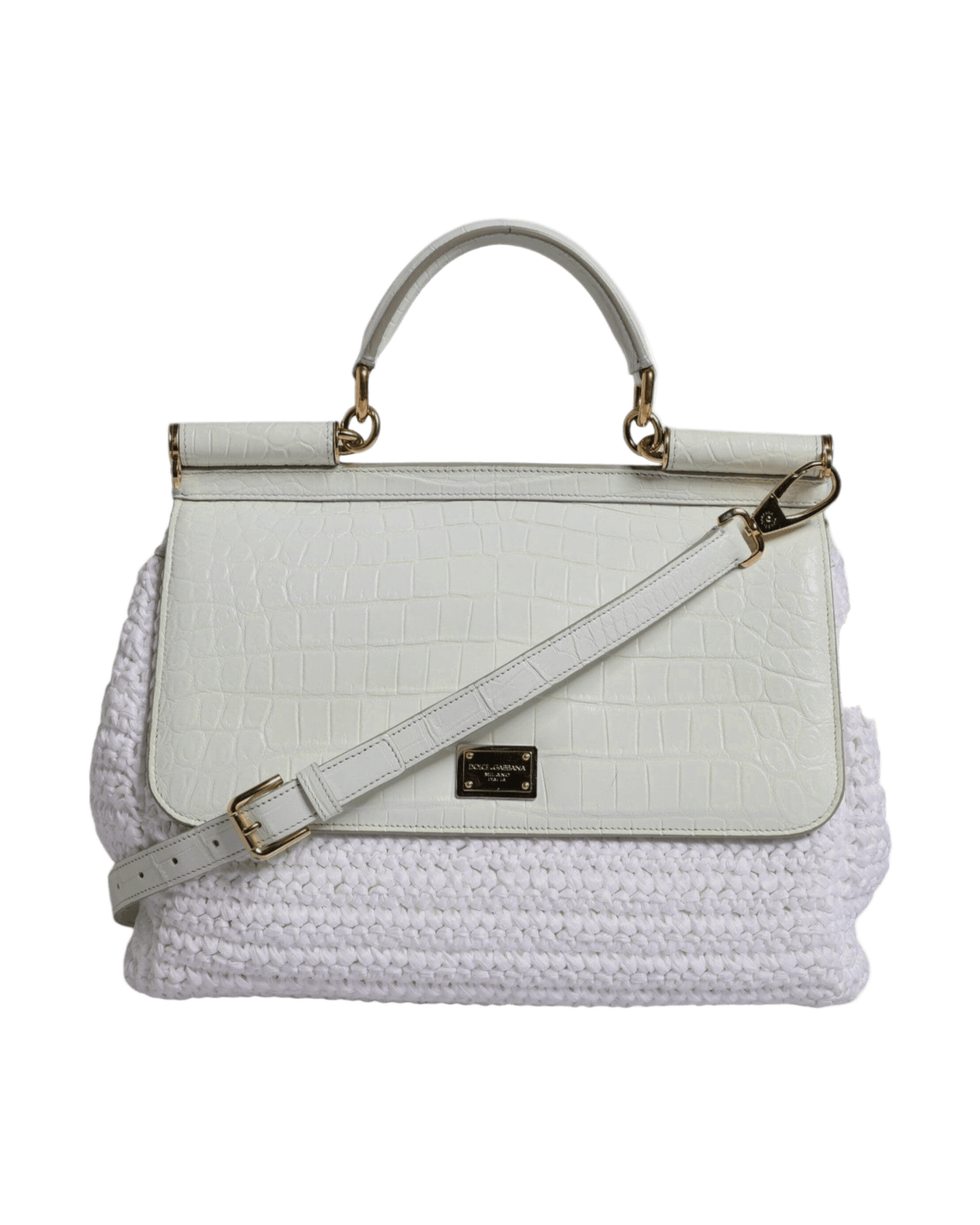 Dolce & Gabbana White Leather Rafia Top Handle Crossbody Bag Glam Steals