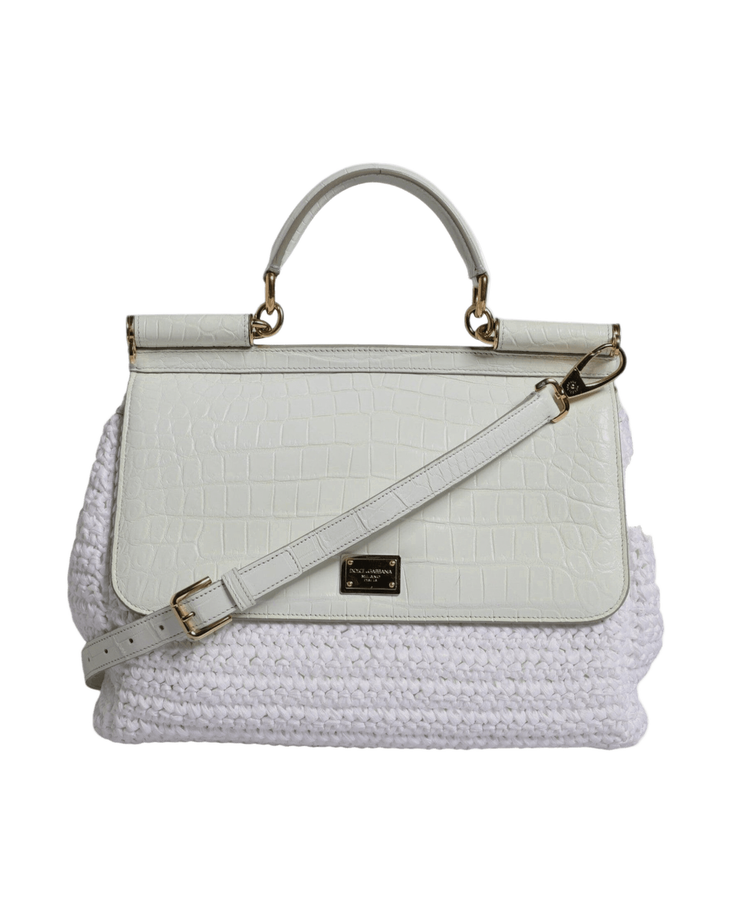 Dolce & Gabbana White Leather Rafia Top Handle Crossbody Bag Glam Steals