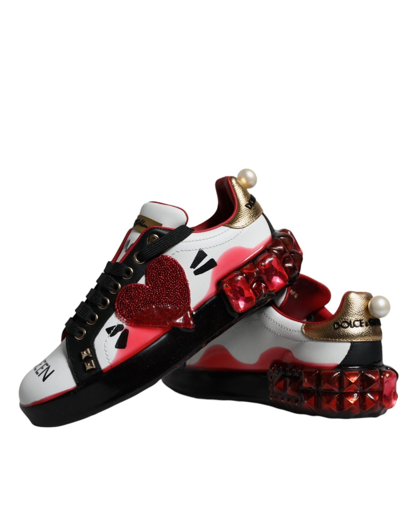 Dolce & Gabbana White Leather Red Crystals Portofino Sneakers Shoes Sneakers