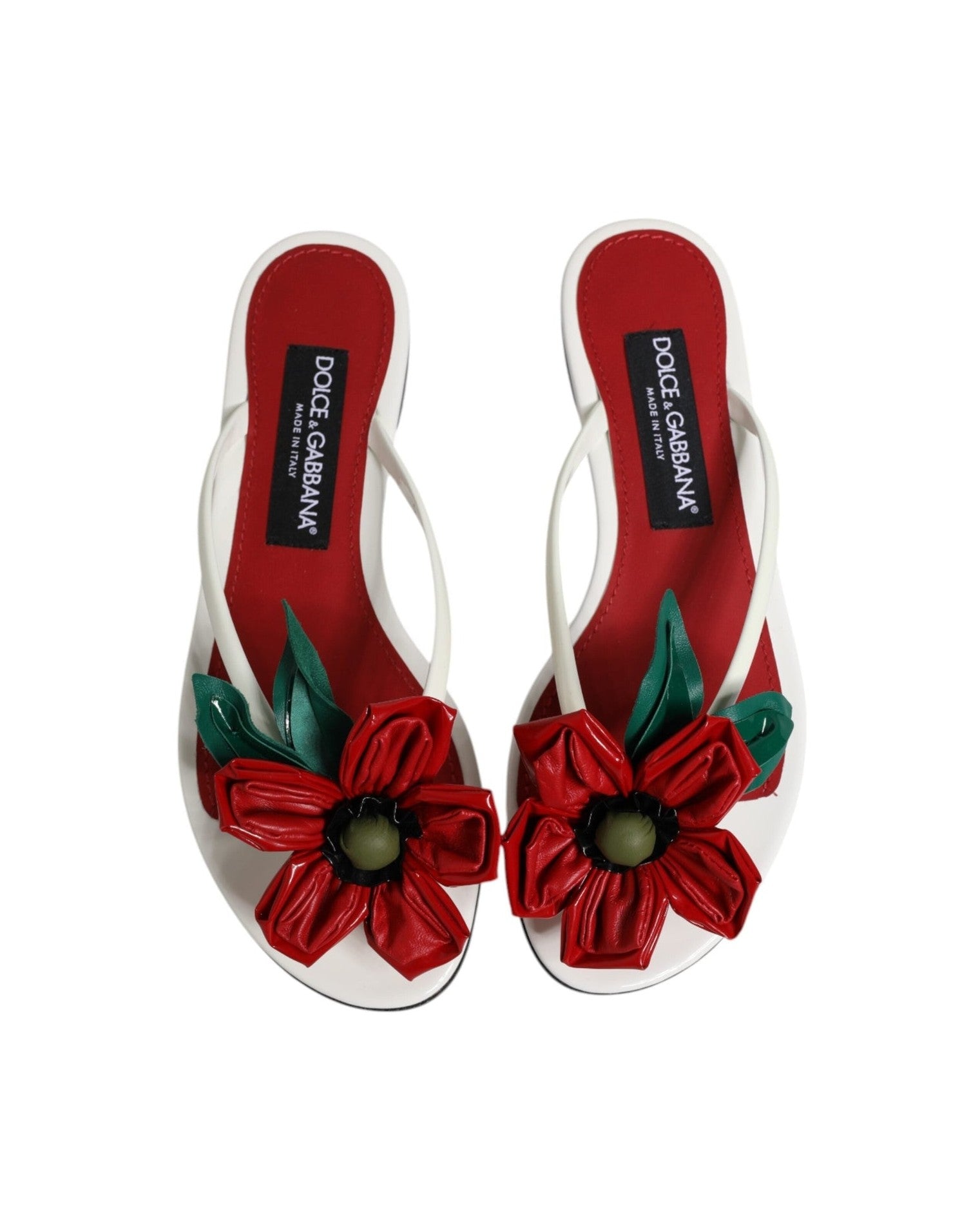 Dolce & Gabbana White Leather Red Keira Flower Sandals Shoes Sandals