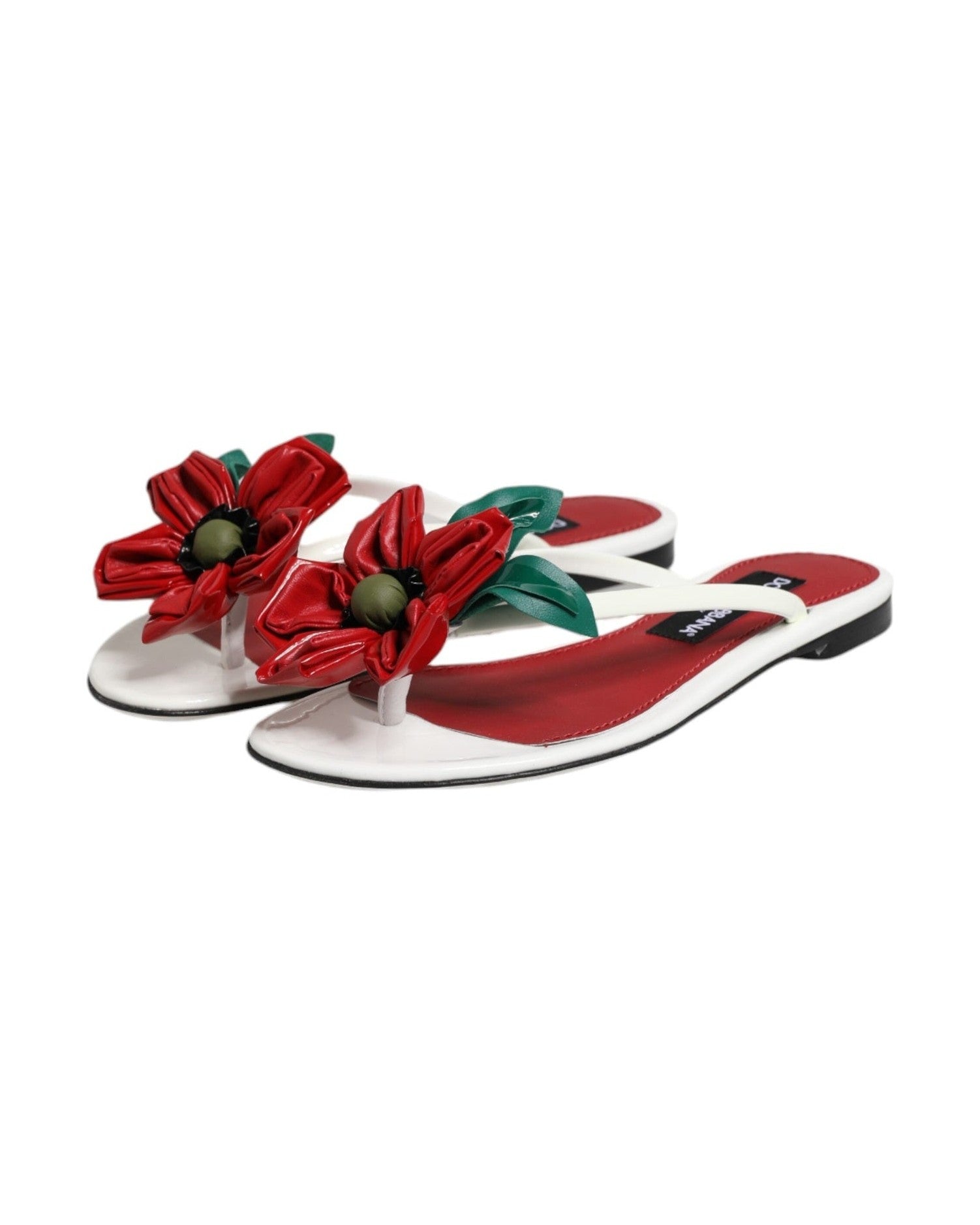 Dolce & Gabbana White Leather Red Keira Flower Sandals Shoes Sandals