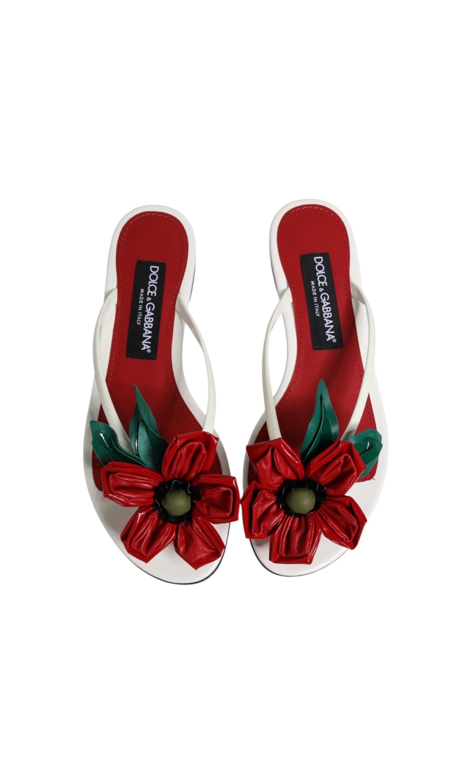 Dolce & Gabbana White Leather Red Keira Flower Sandals Shoes Glam Steals