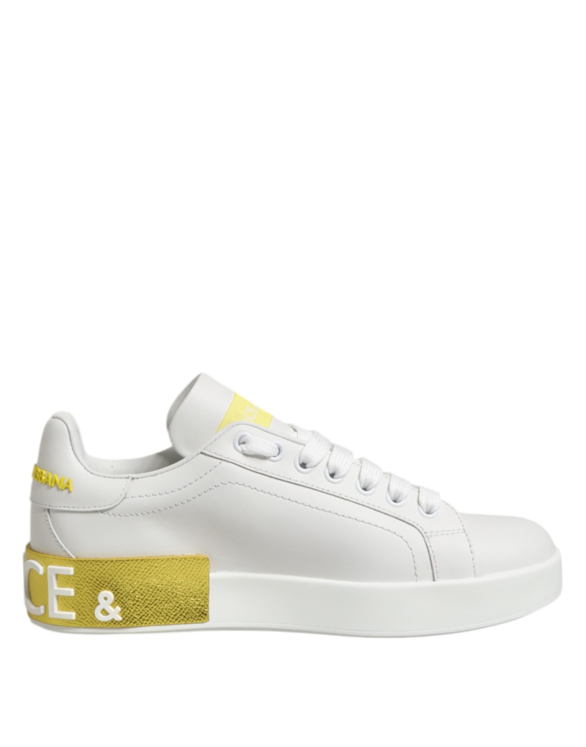 Dolce & Gabbana White Leather Yellow Low Top Sneakers Shoes Glam Steals