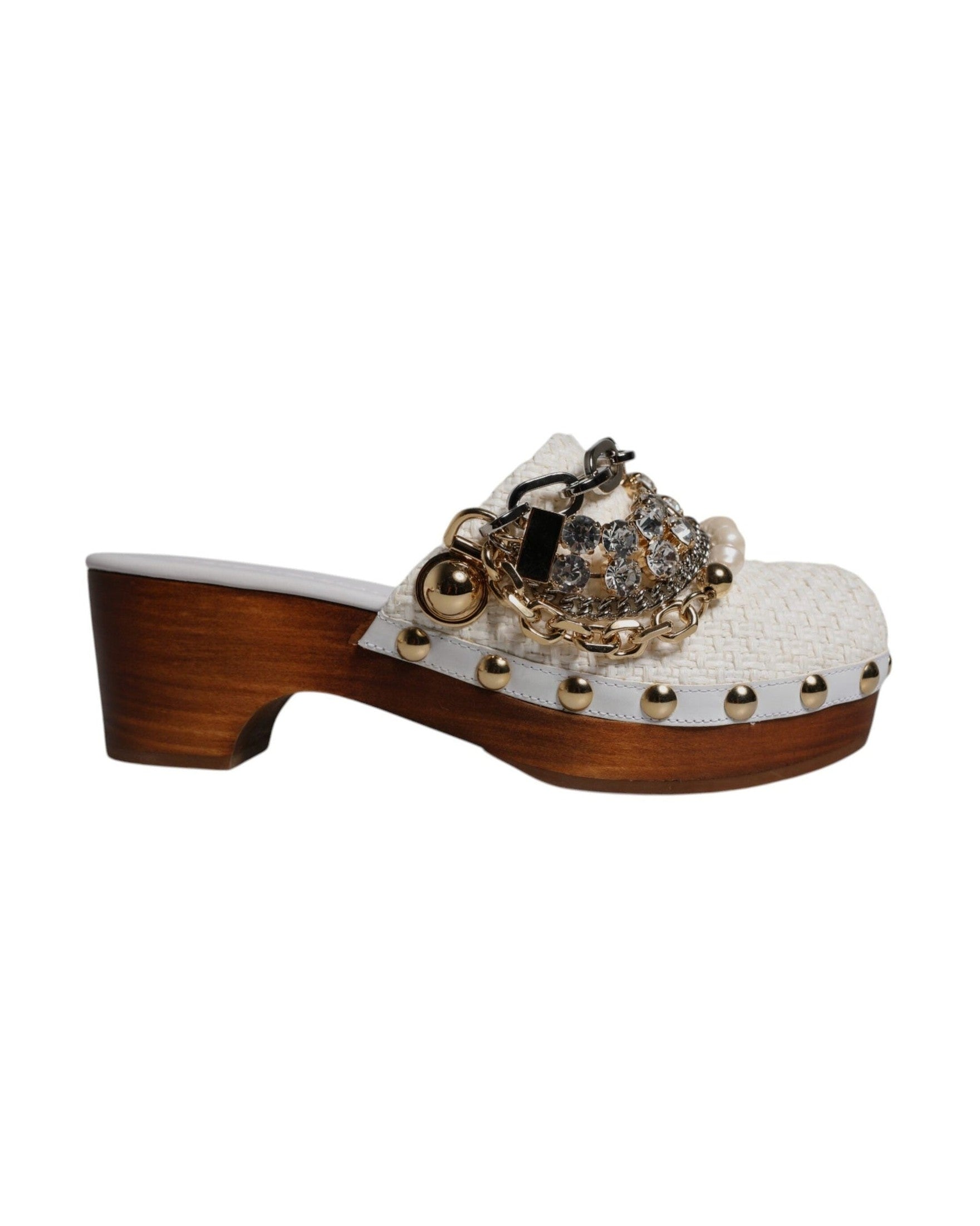 Dolce & Gabbana White Raffia Clogs Bejeweled Chain Sandals Glam Steals