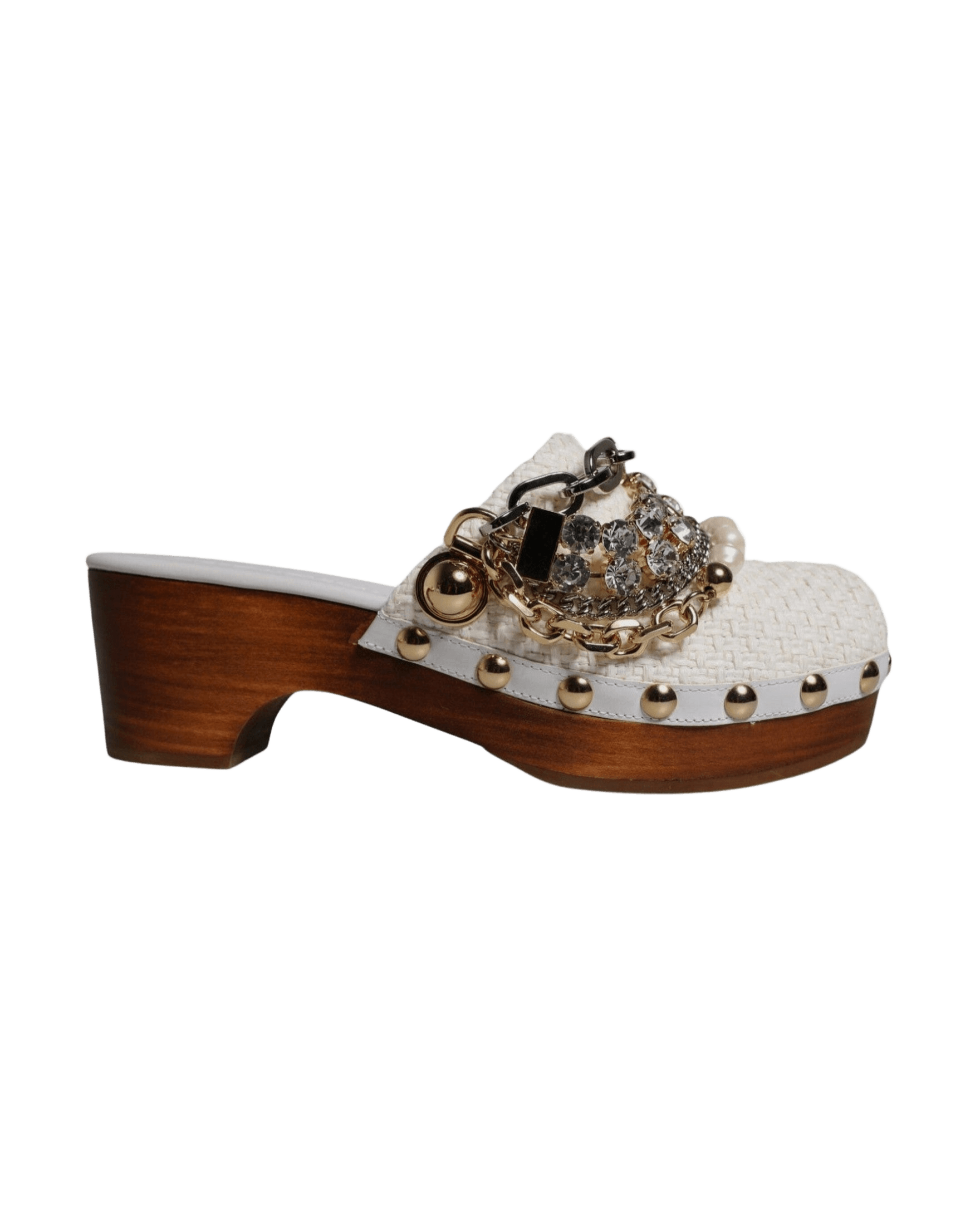 Dolce & Gabbana White Raffia Clogs Bejeweled Chain Sandals Glam Steals