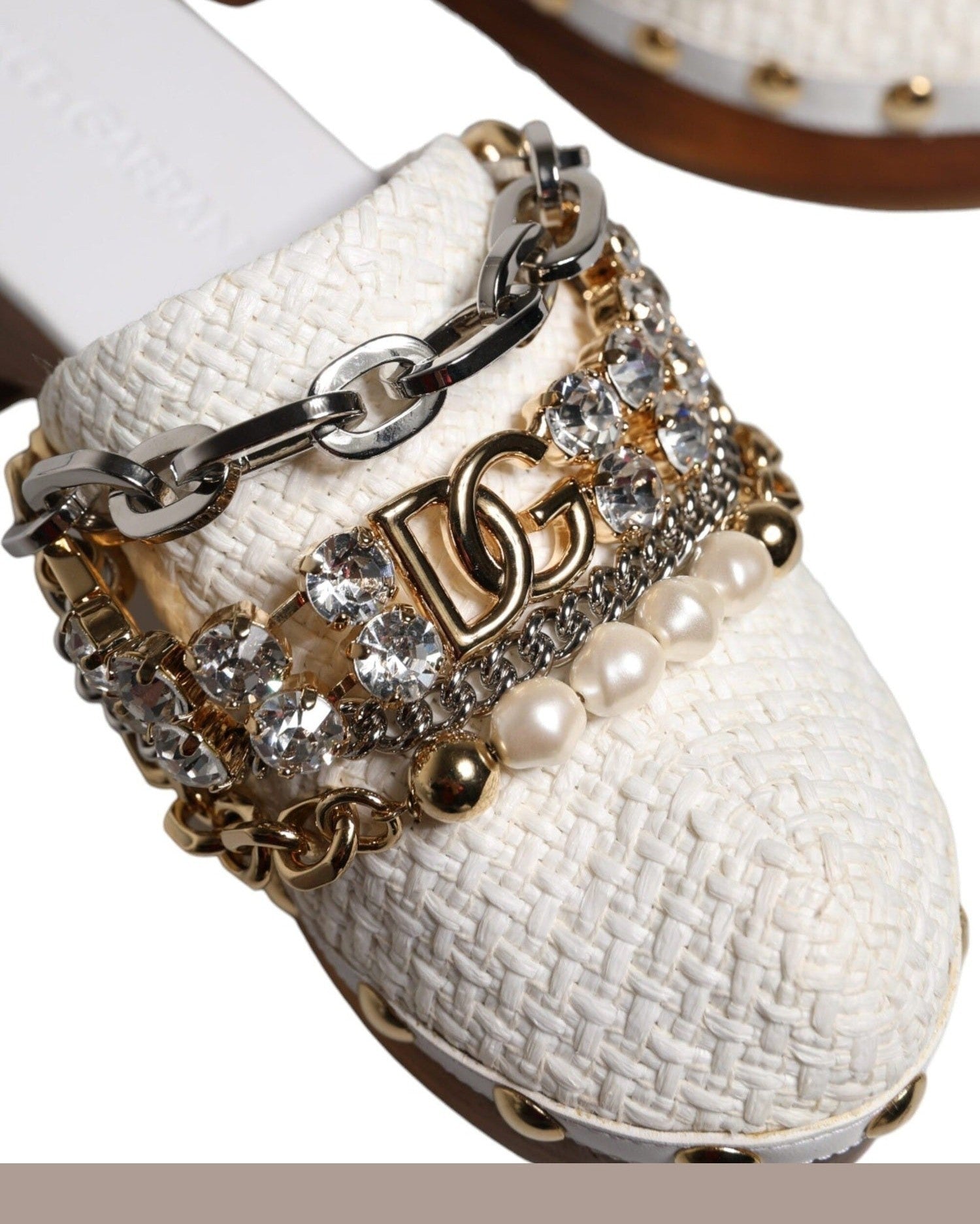Dolce & Gabbana White Raffia Clogs Bejeweled Chain Sandals Glam Steals