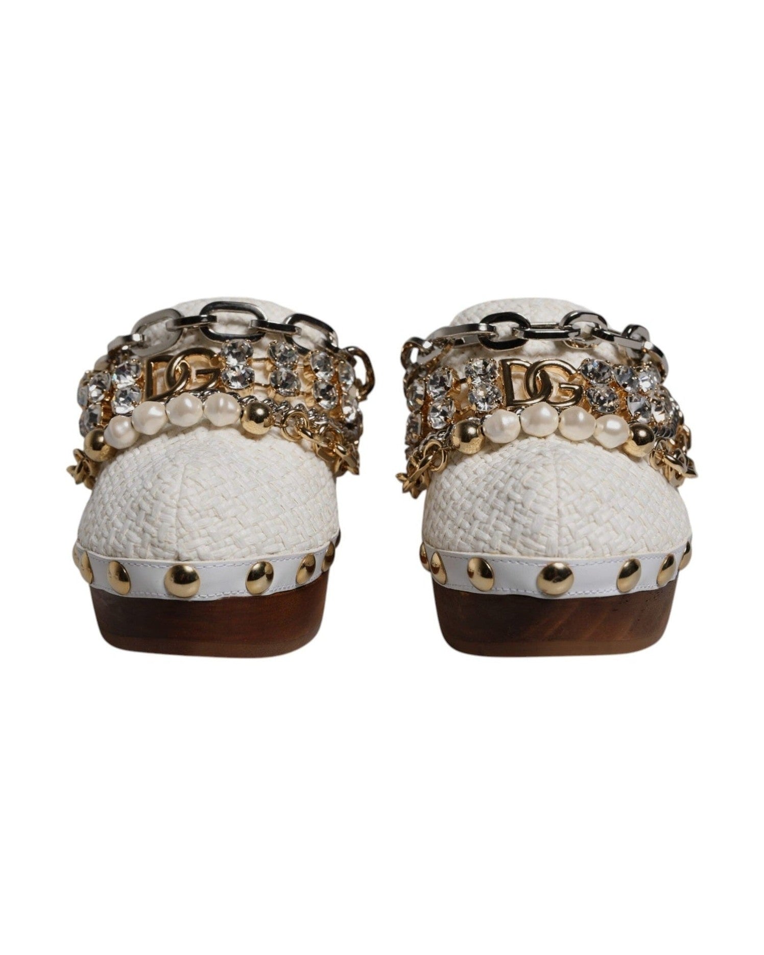 Dolce & Gabbana White Raffia Clogs Bejeweled Chain Sandals Glam Steals