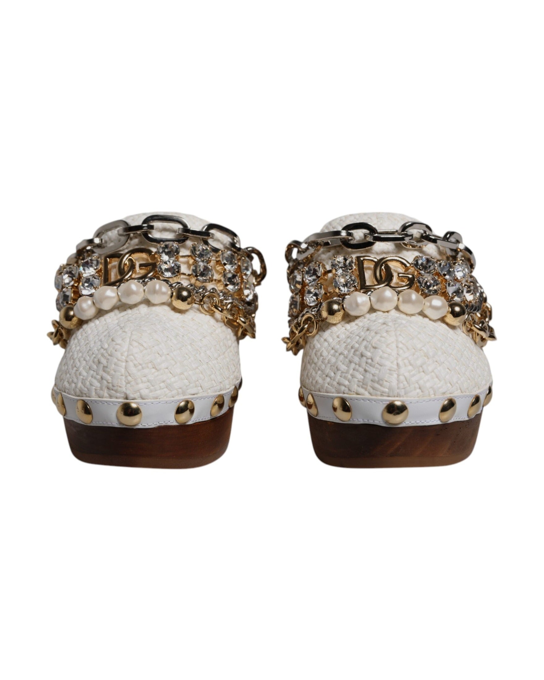 Dolce & Gabbana White Raffia Clogs Bejeweled Chain Sandals Glam Steals