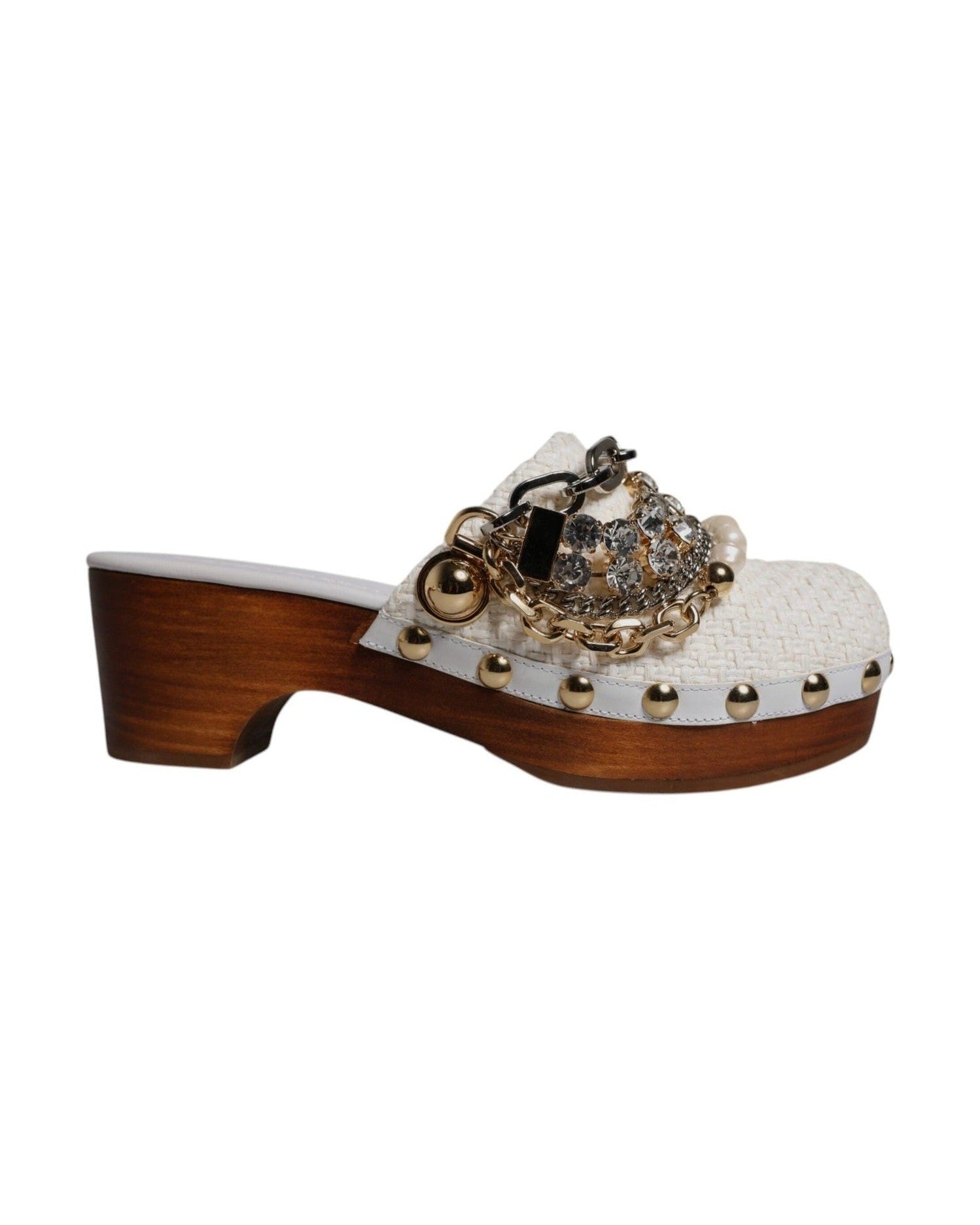 Dolce & Gabbana White Raffia Clogs Bejeweled Chain Sandals Glam Steals