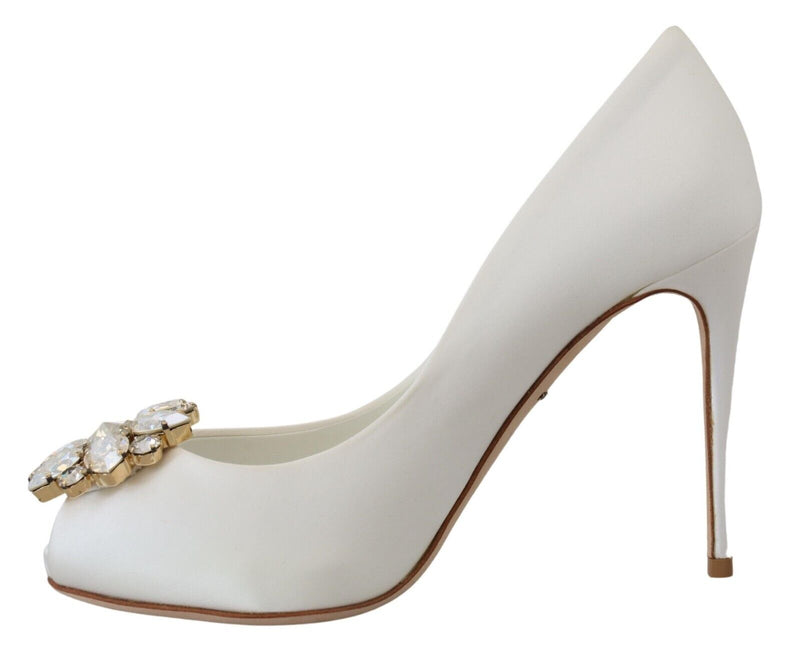 Dolce & Gabbana White Satin Crystals Peep Toe Heel Pumps Glam Steals