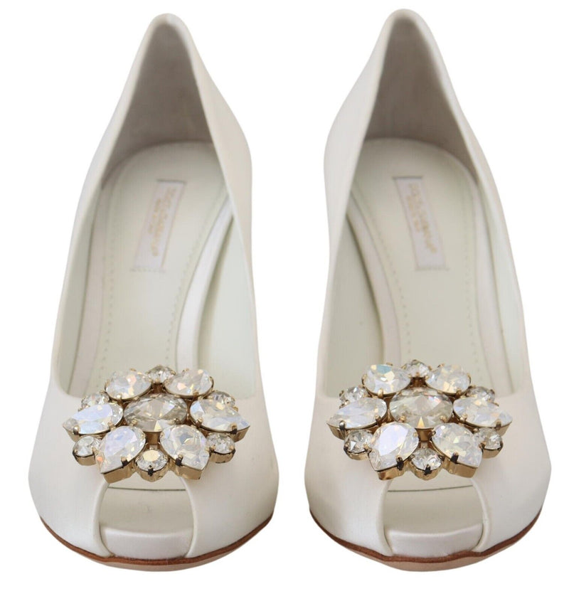 Dolce & Gabbana White Satin Crystals Peep Toe Heel Pumps Glam Steals