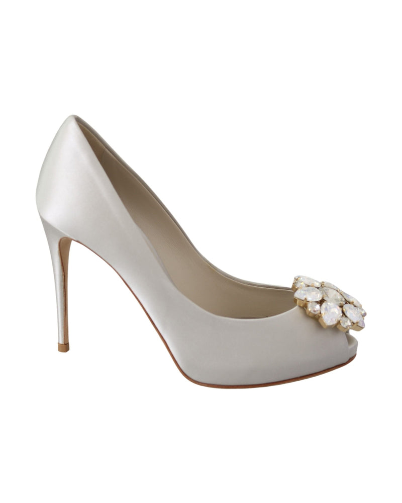 Dolce & Gabbana White Satin Crystals Peep Toe Heels Glam Steals