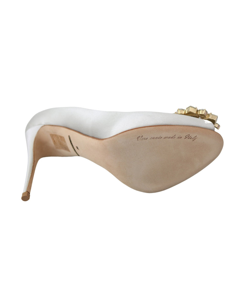 Dolce & Gabbana White Satin Crystals Peep Toe Heels Glam Steals