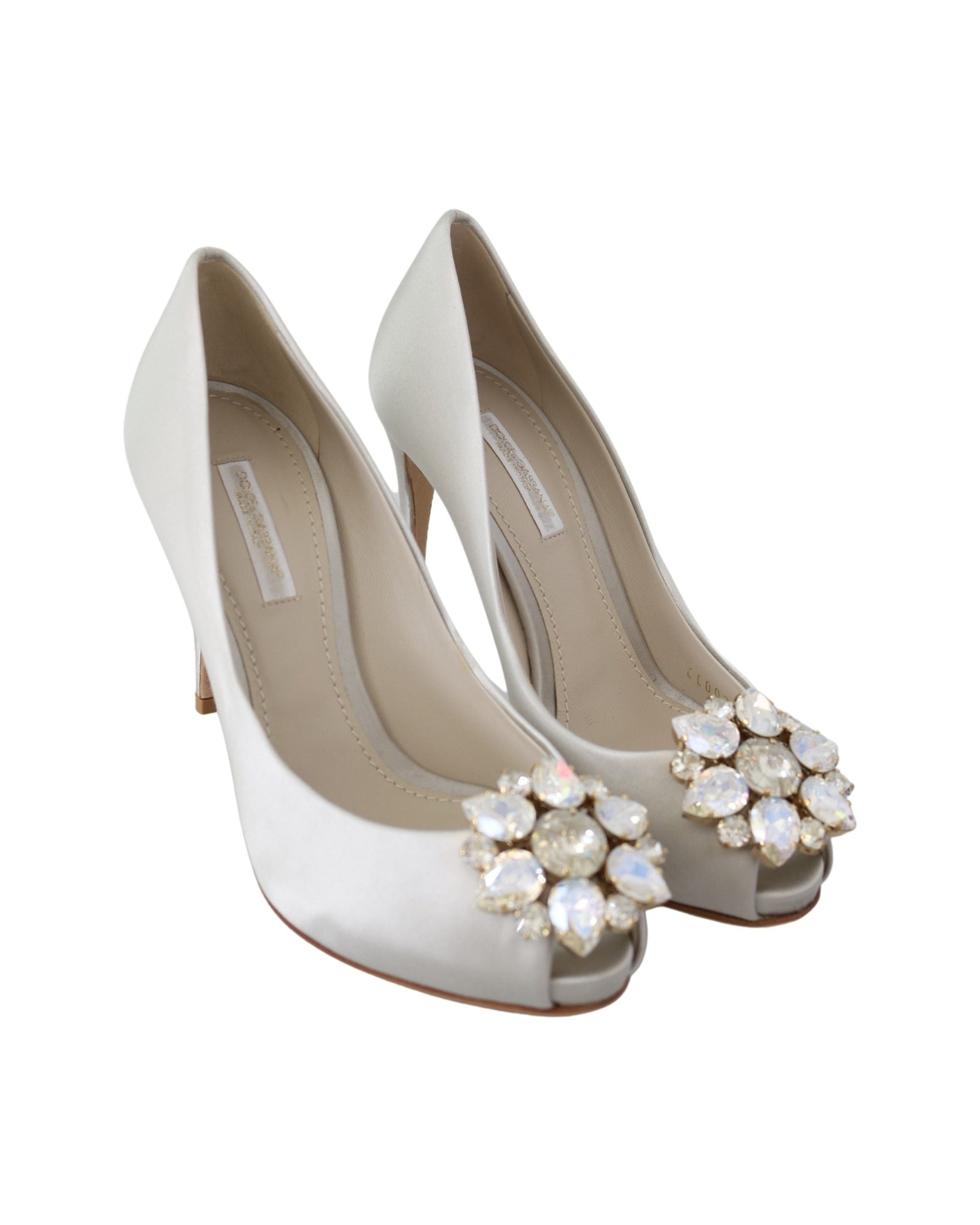 Dolce & Gabbana White Satin Crystals Peep Toe Heels Heels