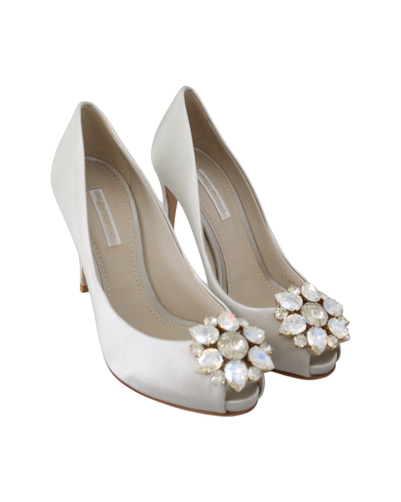 Dolce & Gabbana White Satin Crystals Peep Toe Heels Glam Steals