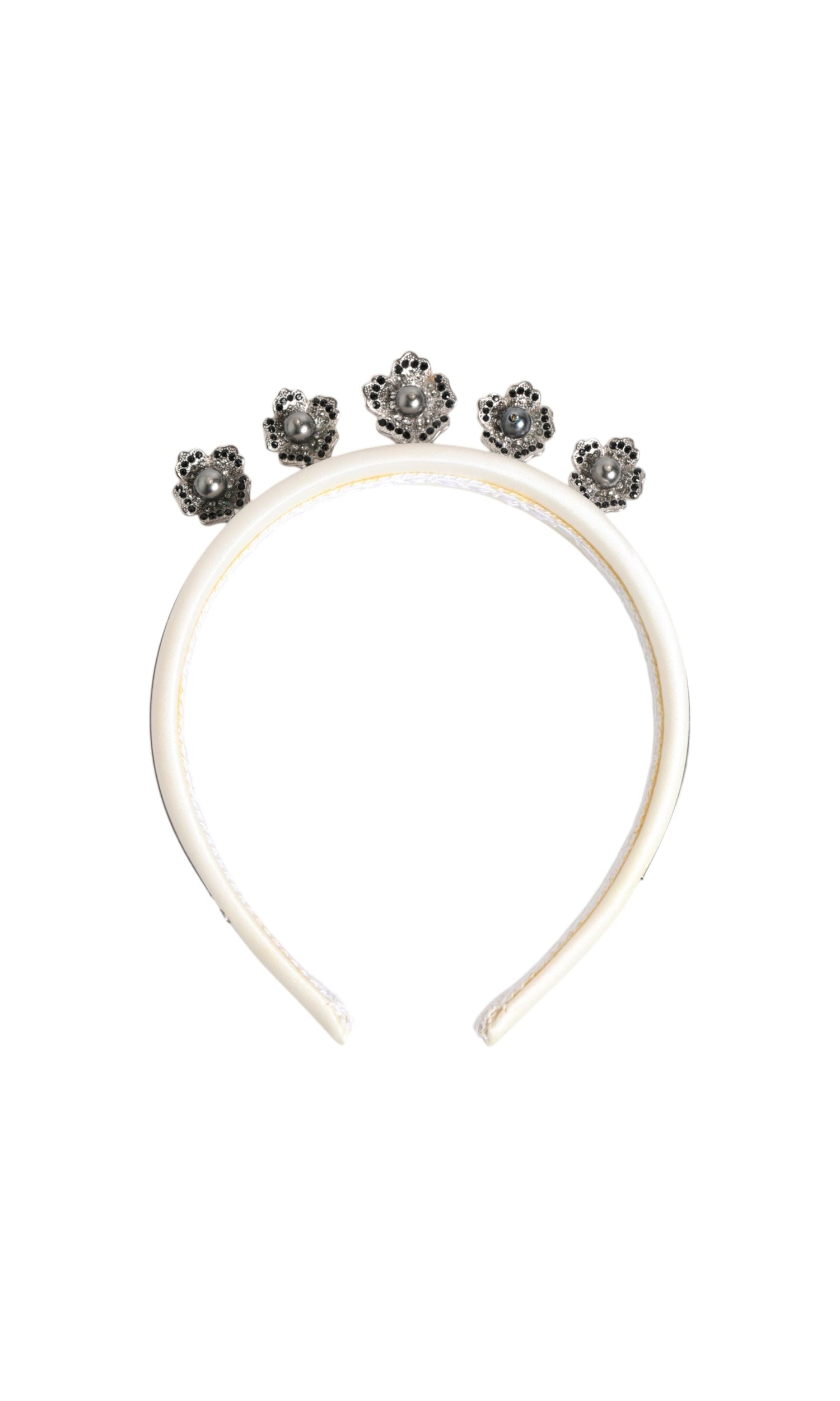 Dolce & Gabbana White Satin Palladium Silver Floral Crown Tiara Headband Glam Steals