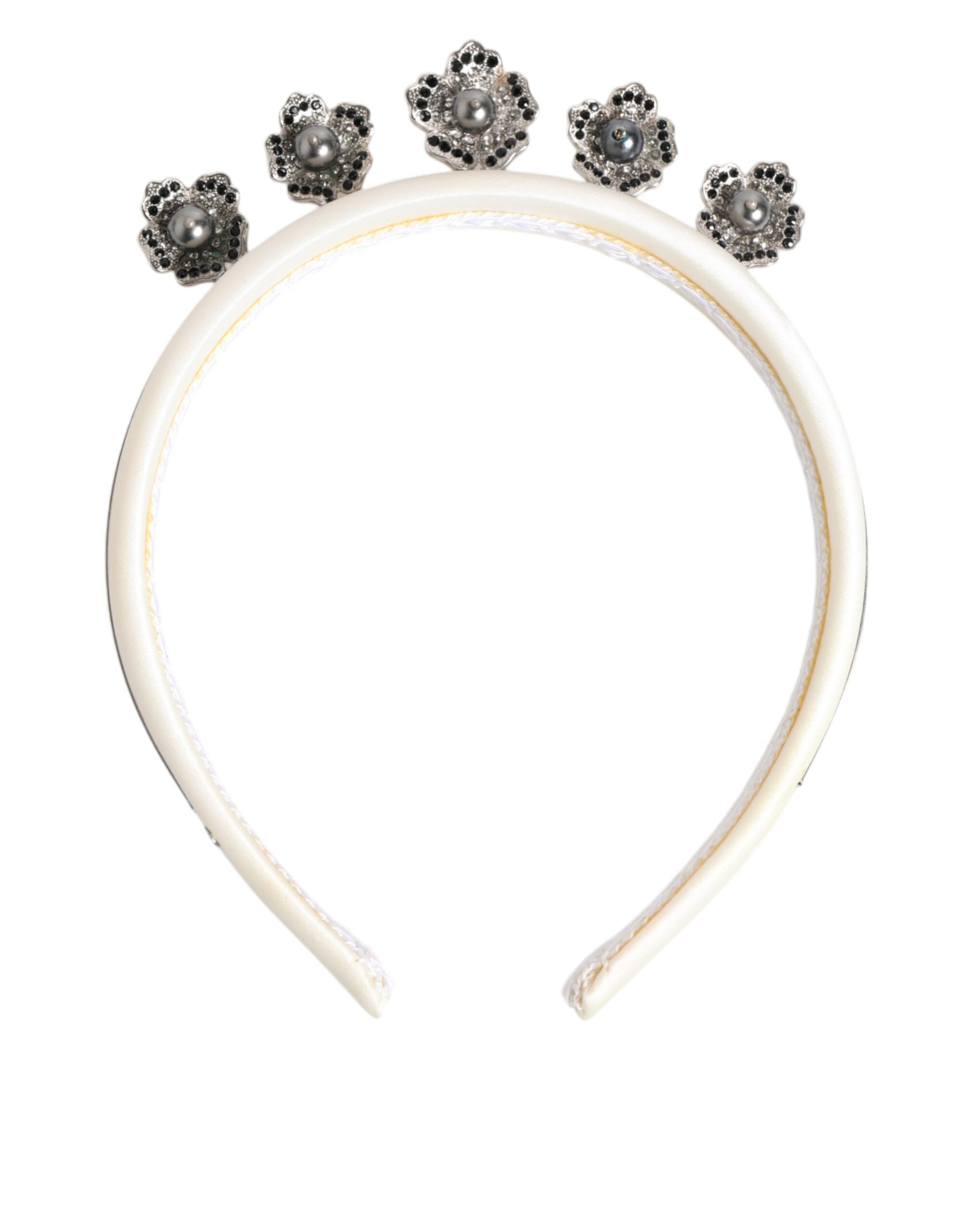 Dolce & Gabbana White Satin Palladium Silver Floral Crown Tiara Headband Glam Steals