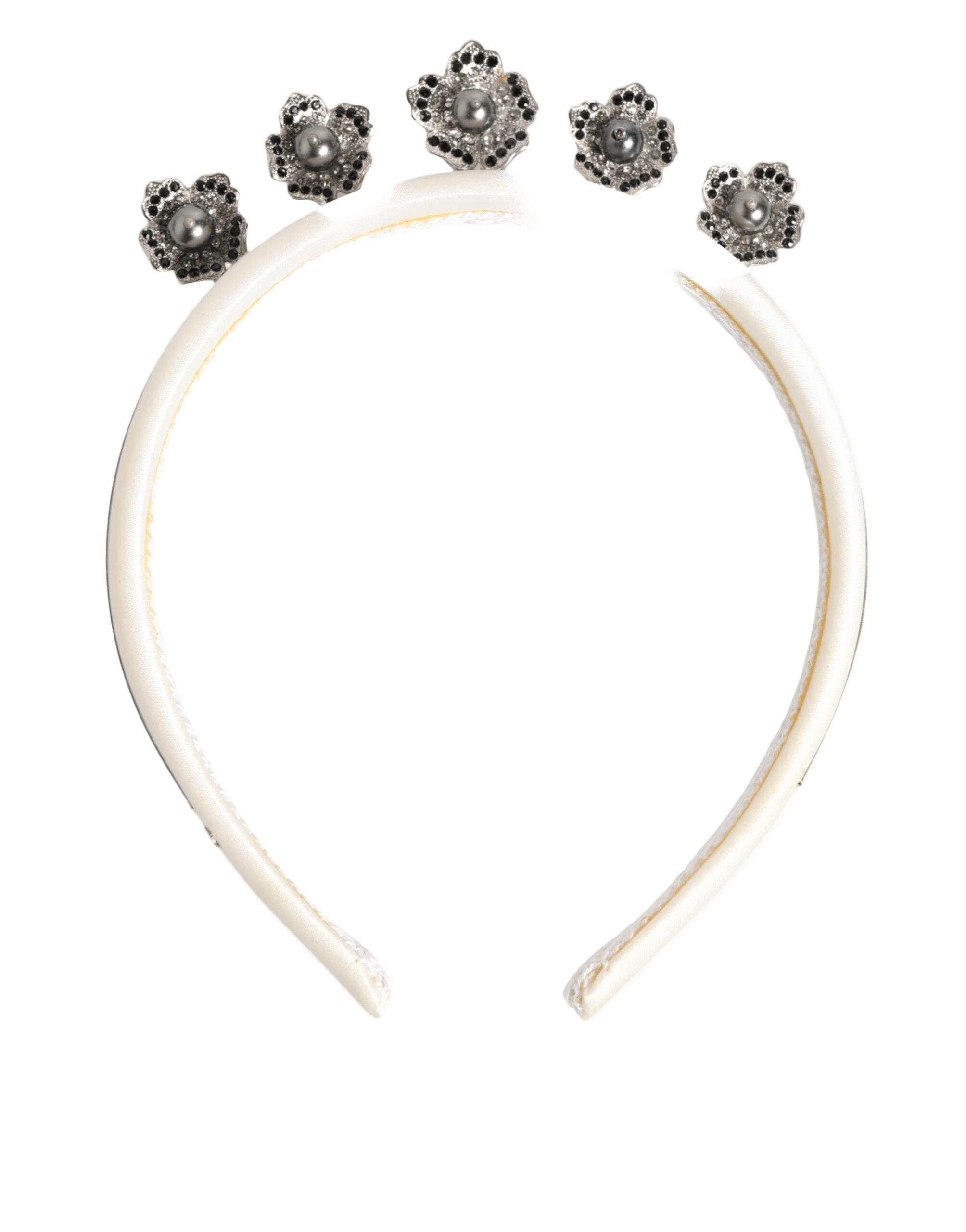 Dolce & Gabbana White Satin Palladium Silver Floral Crown Tiara Headband Glam Steals