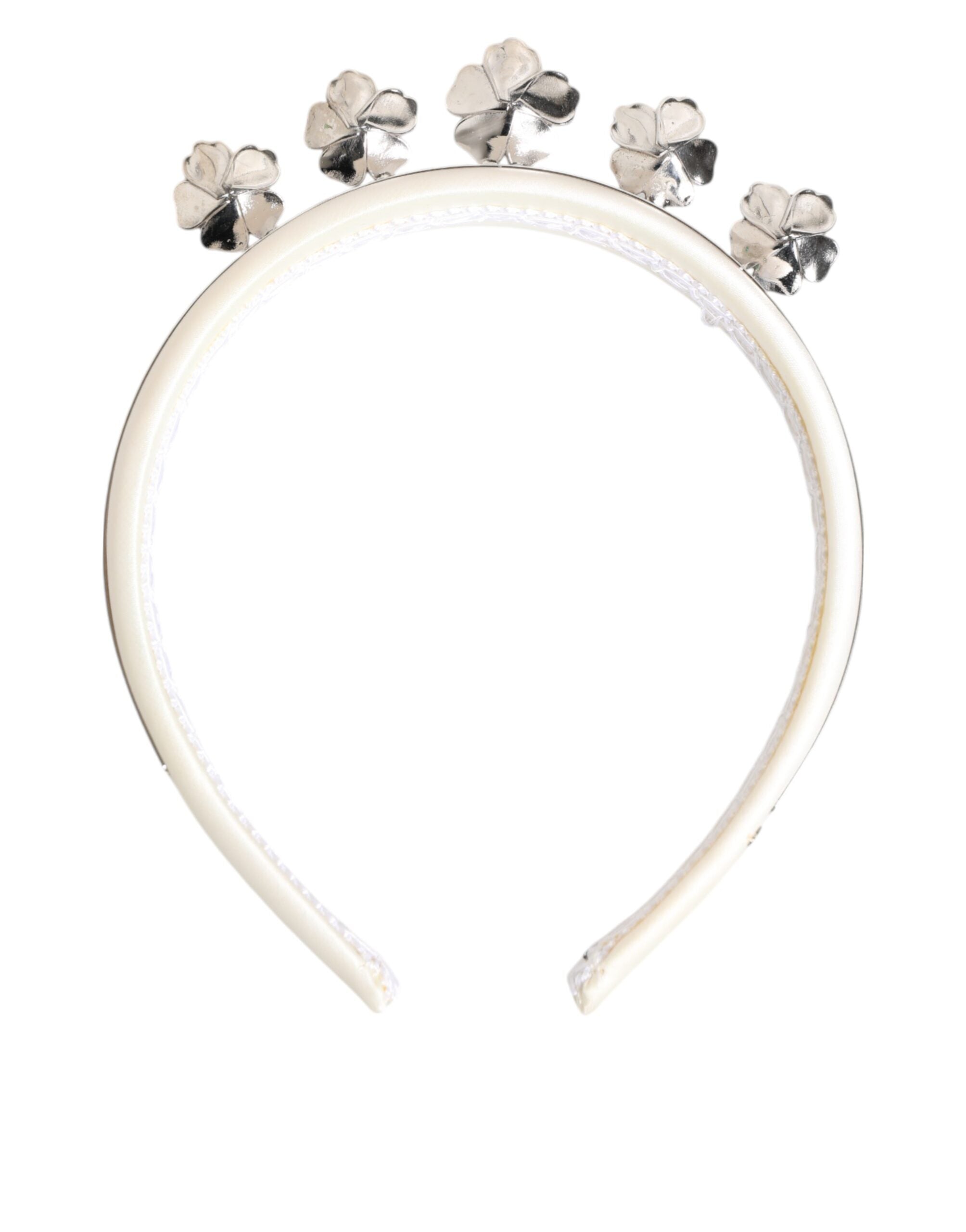 Dolce & Gabbana White Satin Palladium Silver Floral Crown Tiara Headband Glam Steals