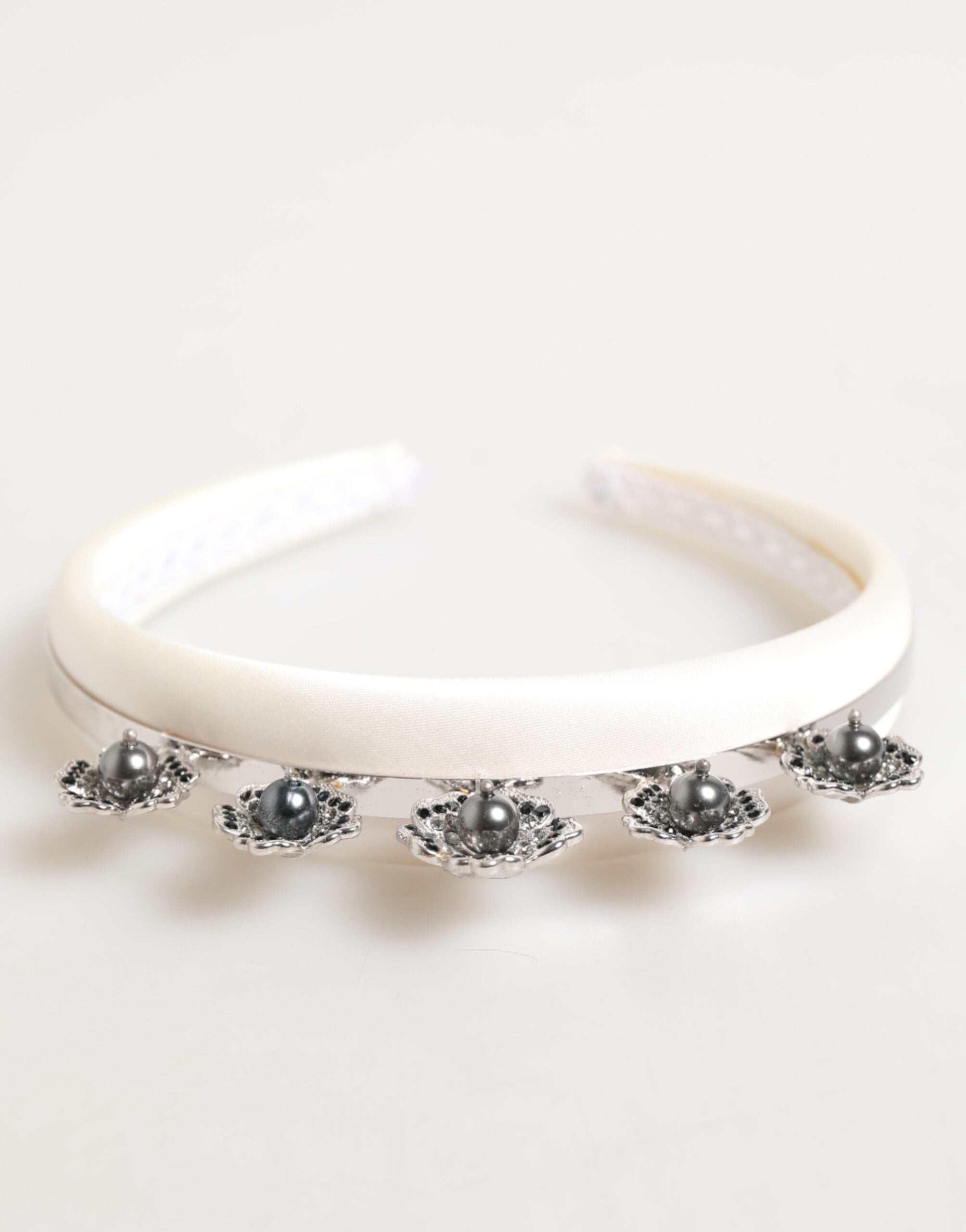 Dolce & Gabbana White Satin Palladium Silver Floral Crown Tiara Headband Glam Steals