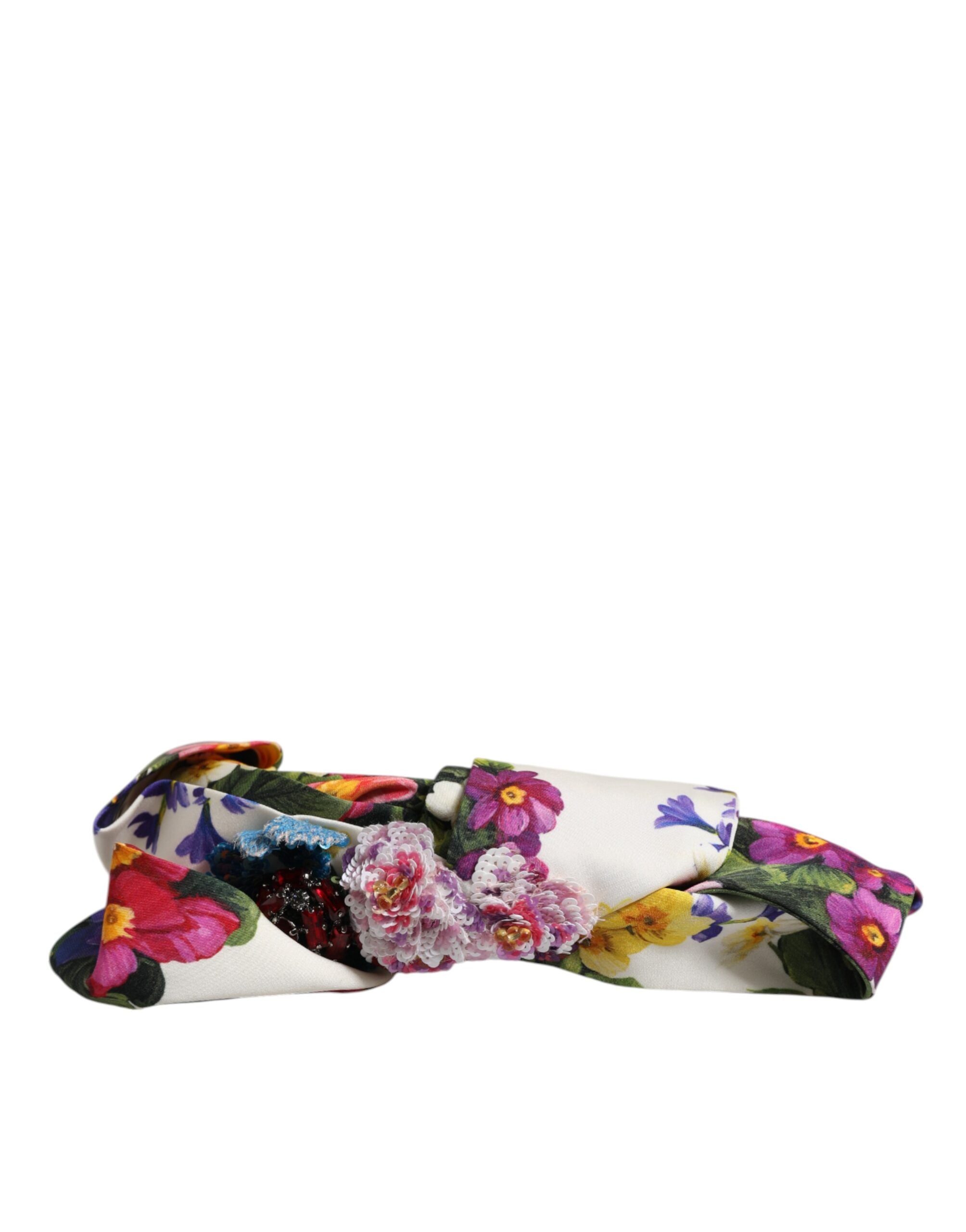 Dolce & Gabbana White Silk Multicolor Floral Bow Crystal Embellished Headband Glam Steals