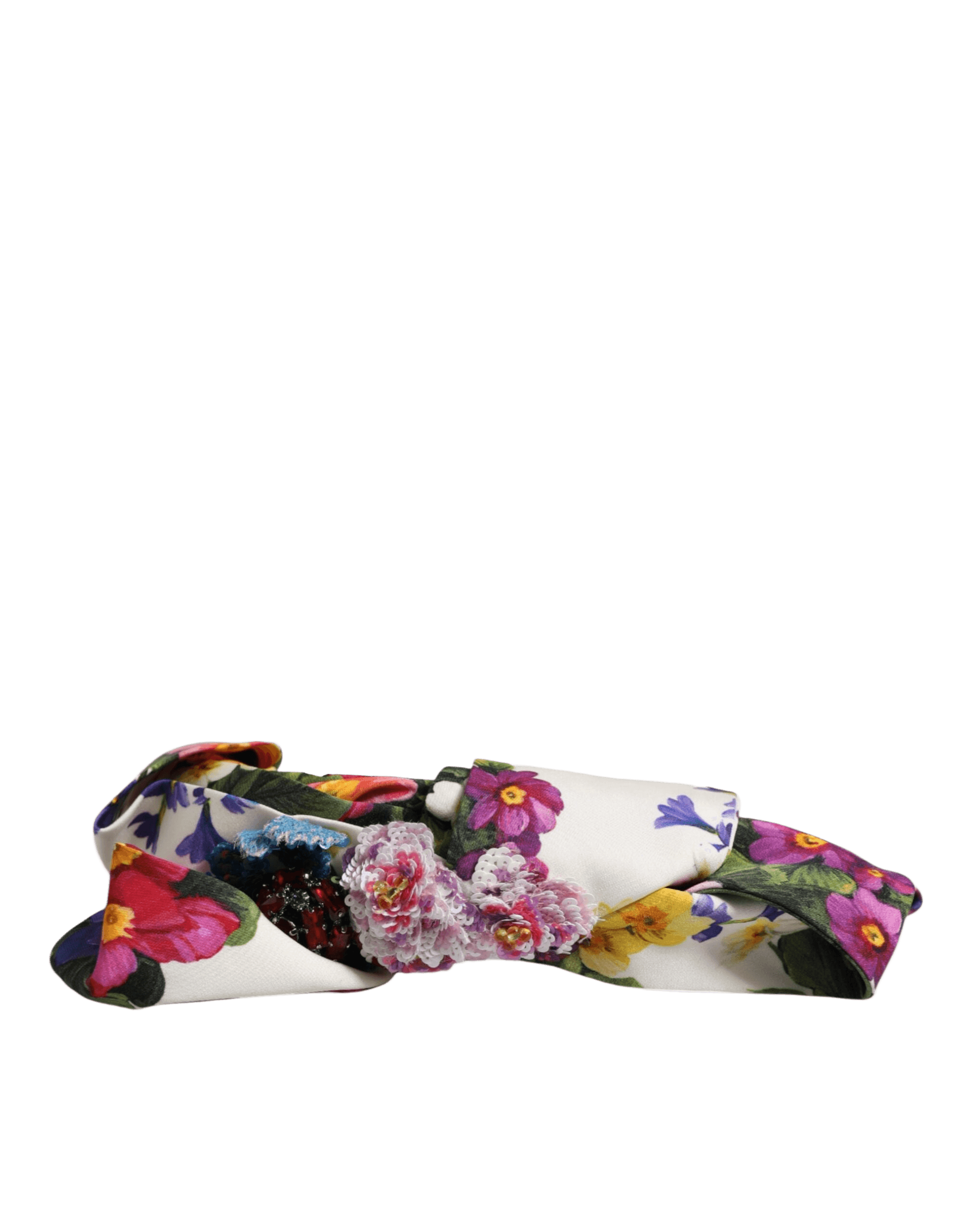 Dolce & Gabbana White Silk Multicolor Floral Bow Crystal Embellished Headband Glam Steals