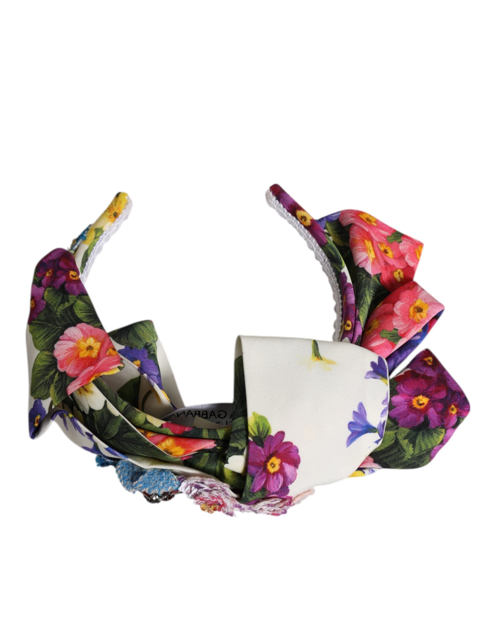 Dolce & Gabbana White Silk Multicolor Floral Bow Crystal Embellished Headband Glam Steals