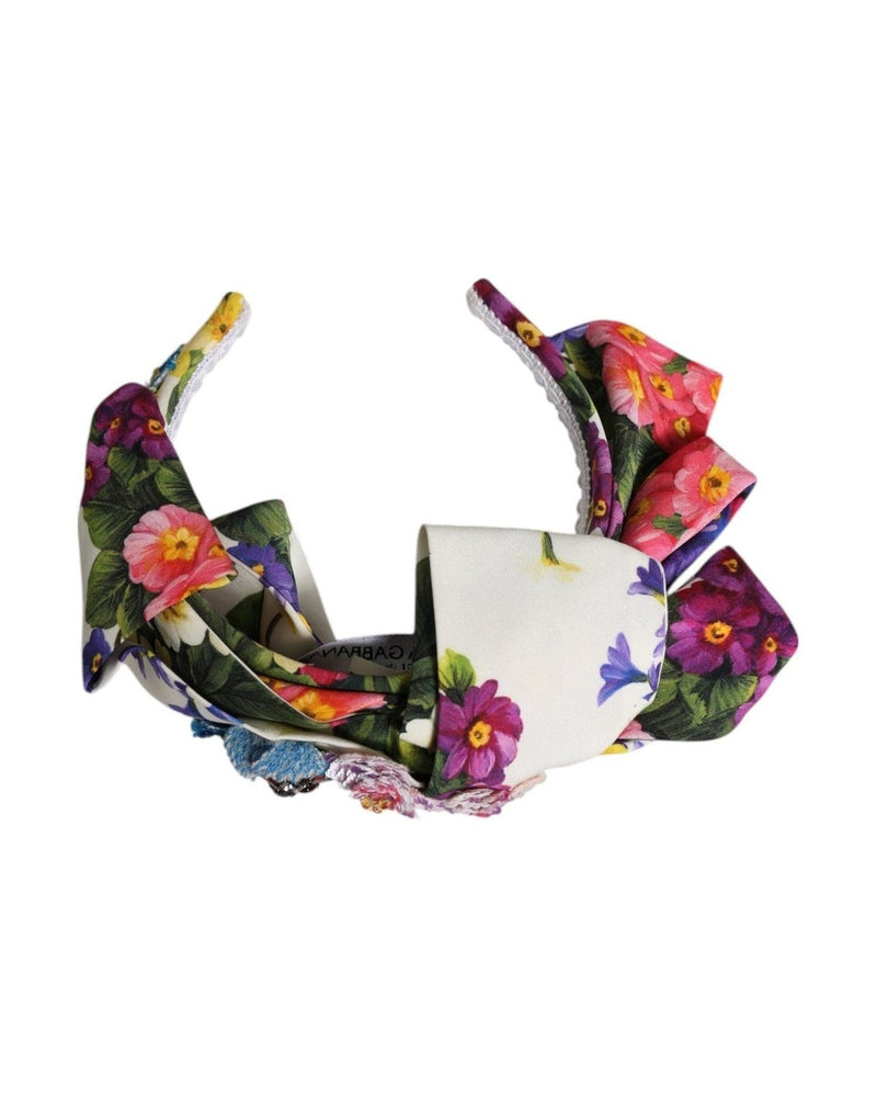 Dolce & Gabbana White Silk Multicolor Floral Bow Crystal Embellished Headband Glam Steals