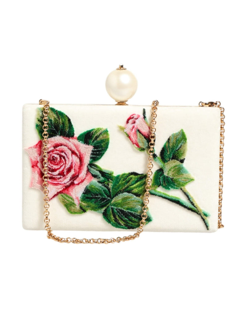 Dolce & Gabbana White Silk Rose Embroidery Gold Frame Clutch Purse Bag Glam Steals