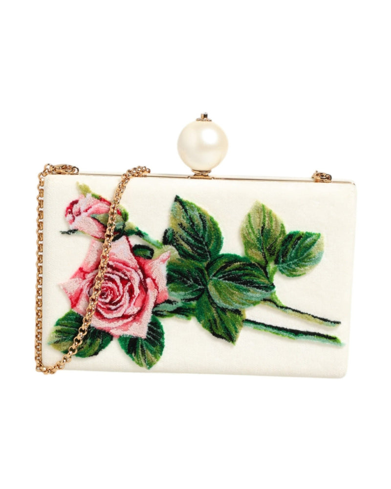Dolce & Gabbana White Silk Rose Embroidery Gold Frame Clutch Purse Bag Glam Steals