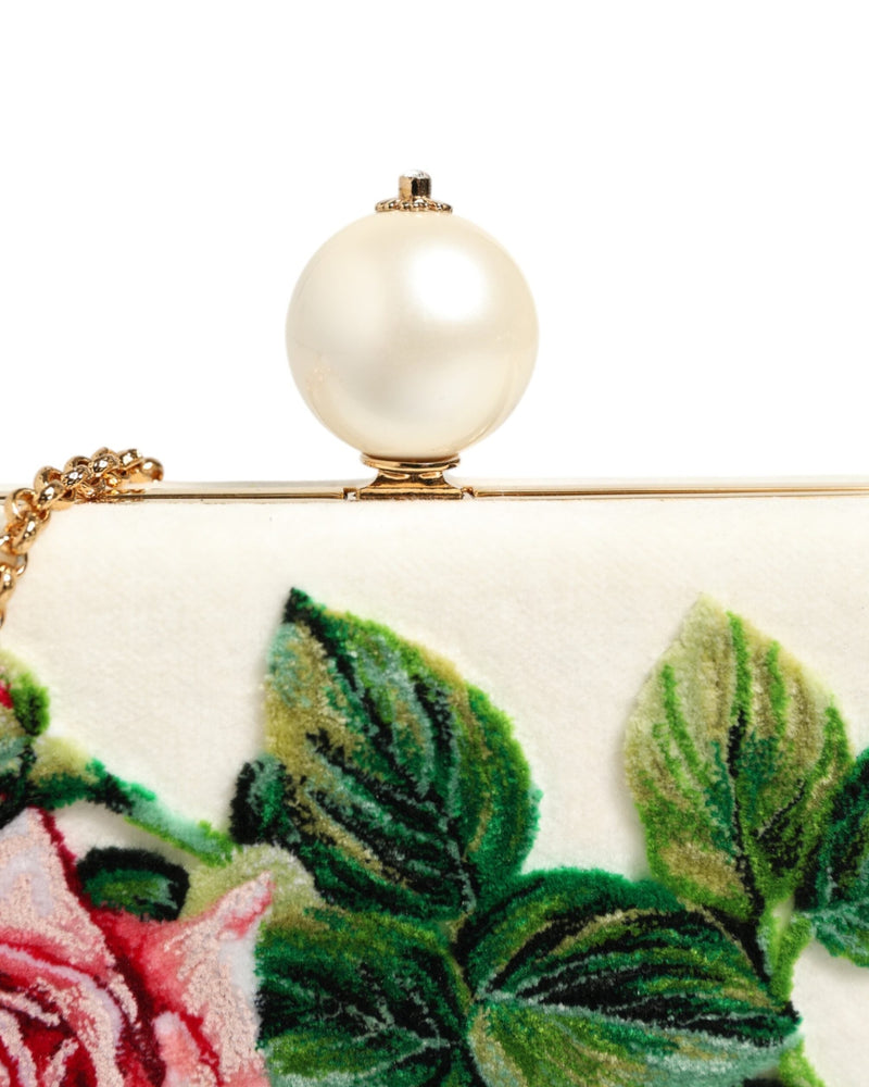 Dolce & Gabbana White Silk Rose Embroidery Gold Frame Clutch Purse Bag Glam Steals