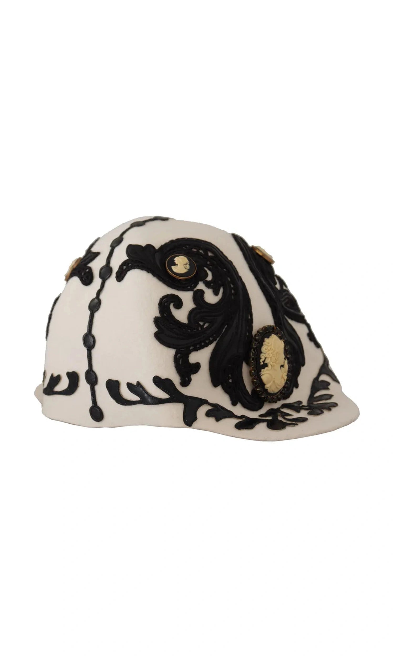 Dolce & Gabbana Wool Embroidered Cameo Brooch White Black Hat Glam Steals