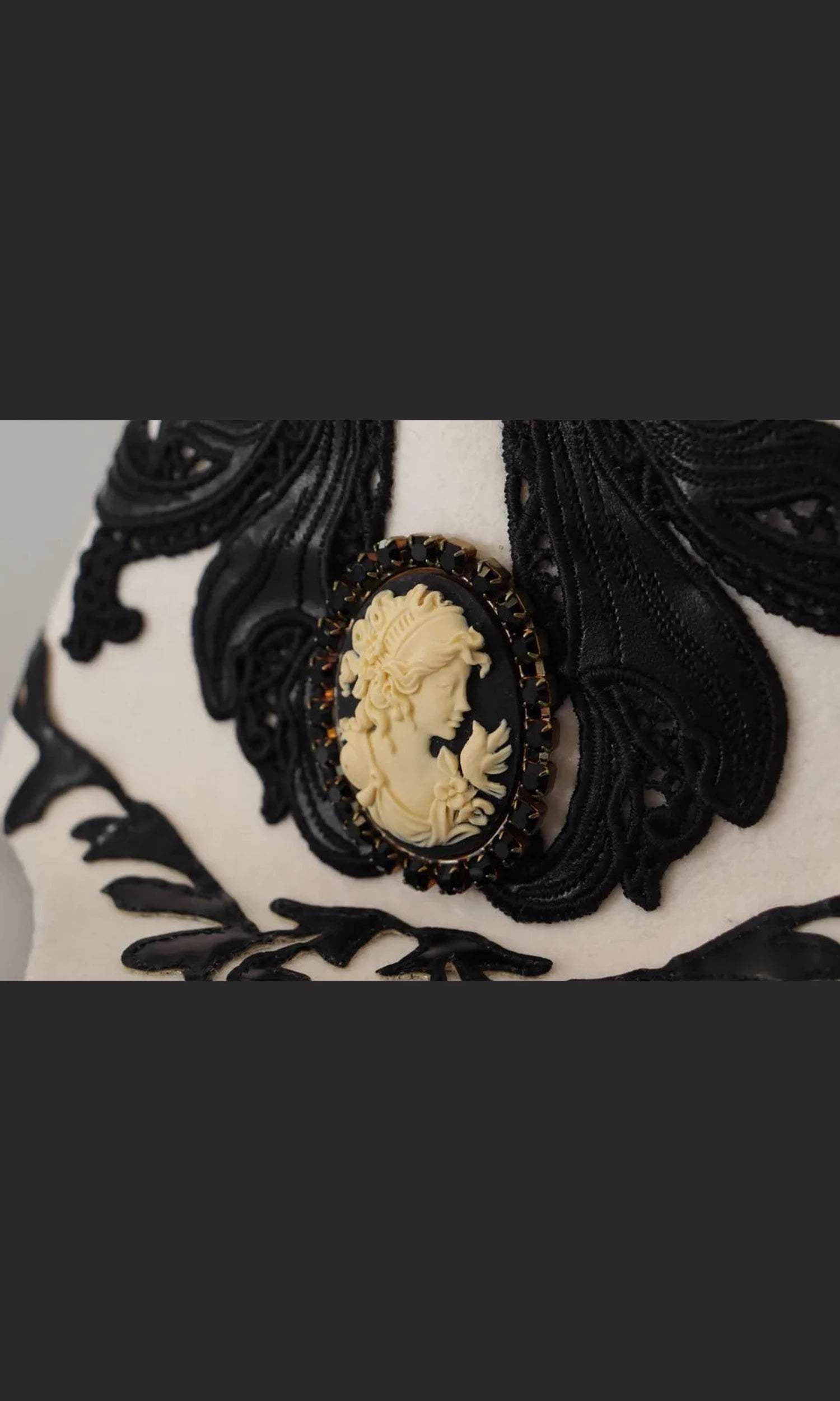 Dolce & Gabbana Wool Embroidered Cameo Brooch White Black Hat Glam Steals