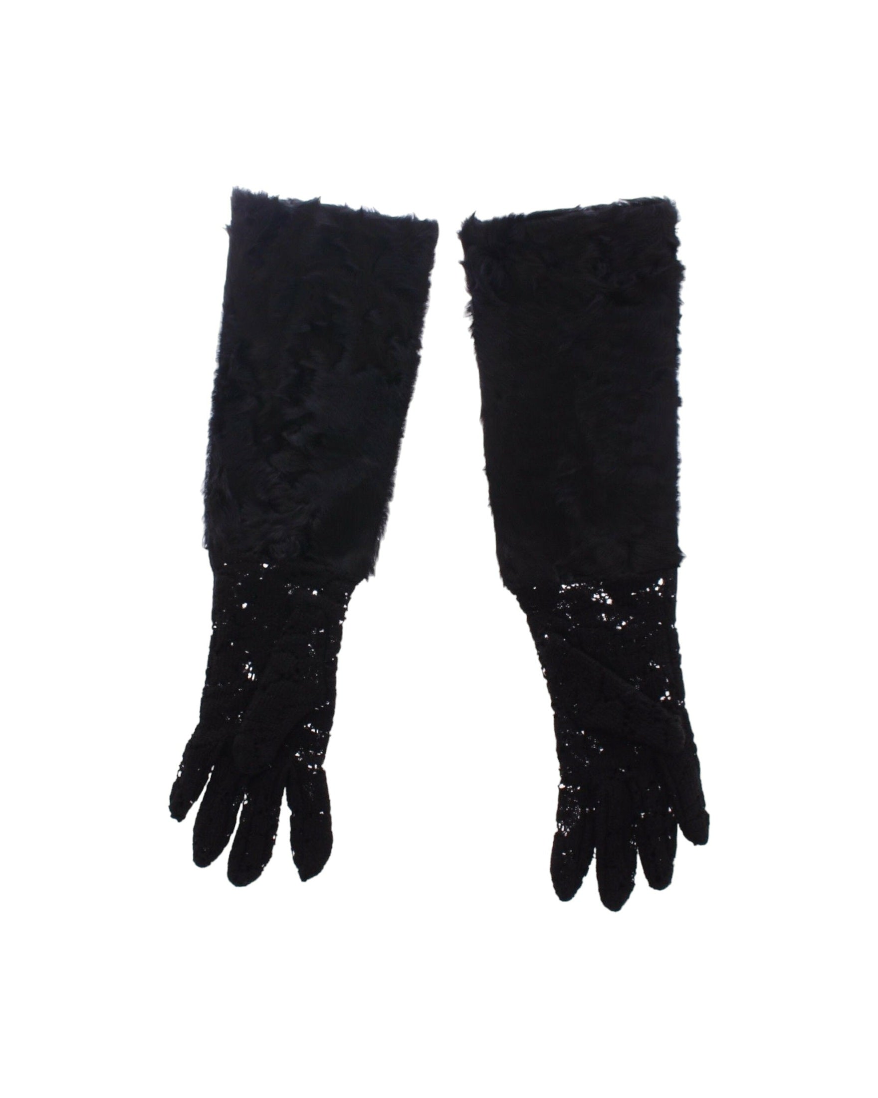 Dolce & Gabbana Wool Lace & Lamb Fur Elbow Black Gloves Glam Steals