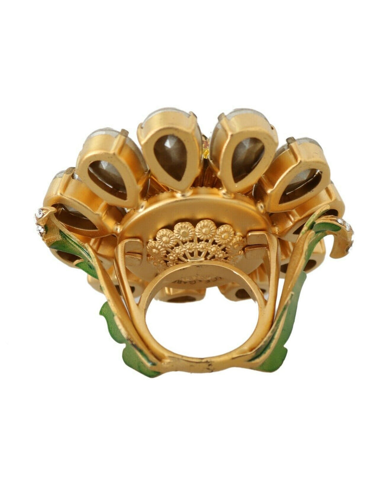 Dolce & Gabbana Yellow Gold Brass Crystal Flower Ring Glam Steals