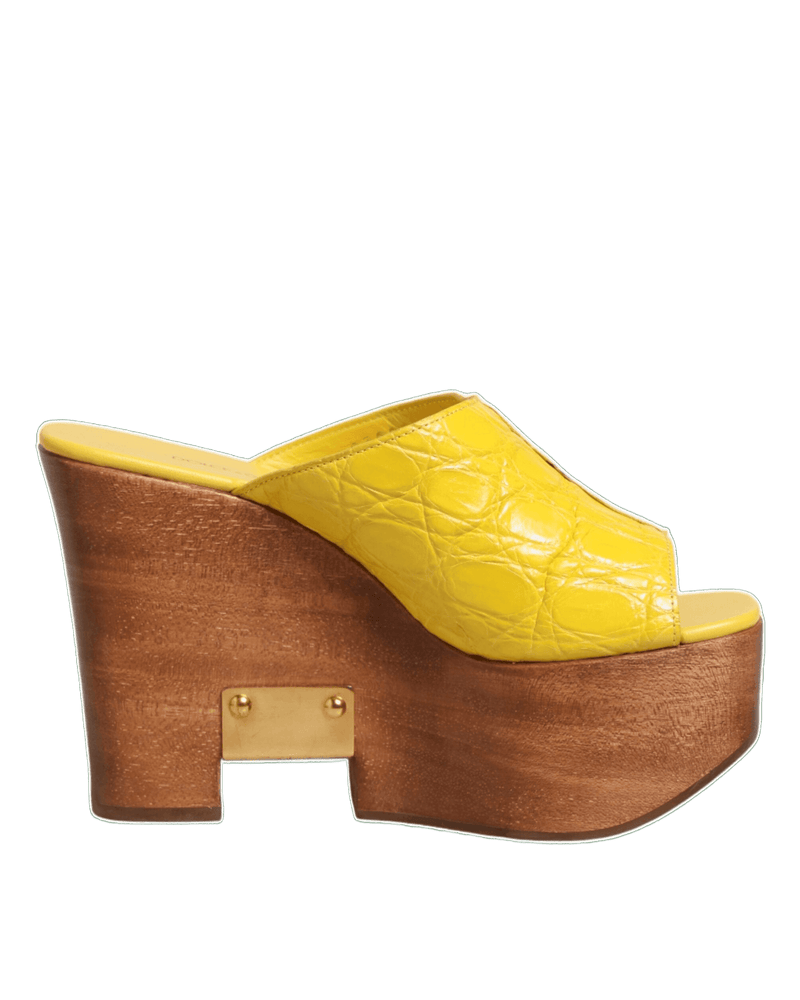 Dolce & Gabbana Yellow Leather Wood Mule Wedge Slides Shoes Glam Steals