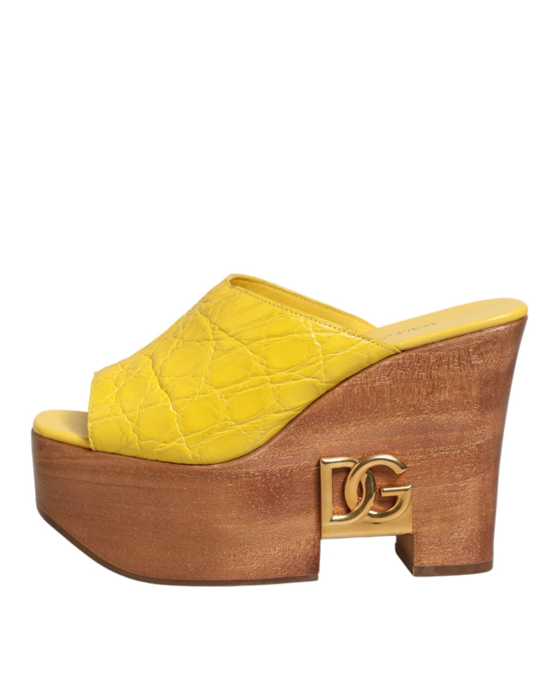 Dolce & Gabbana Yellow Leather Wood Mule Wedge Slides Shoes Glam Steals