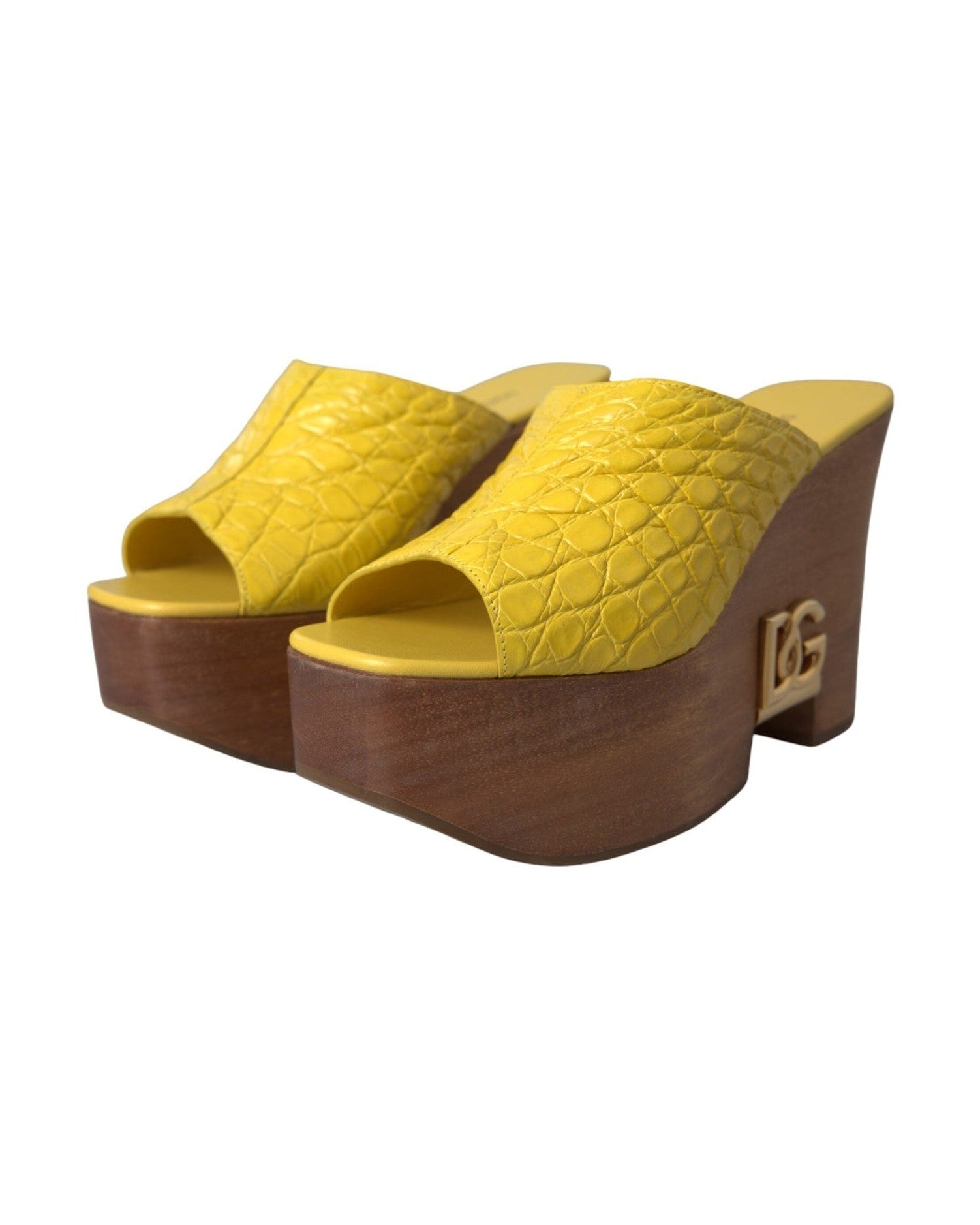 Dolce & Gabbana Yellow Leather Wood Mule Wedge Slides Shoes Glam Steals