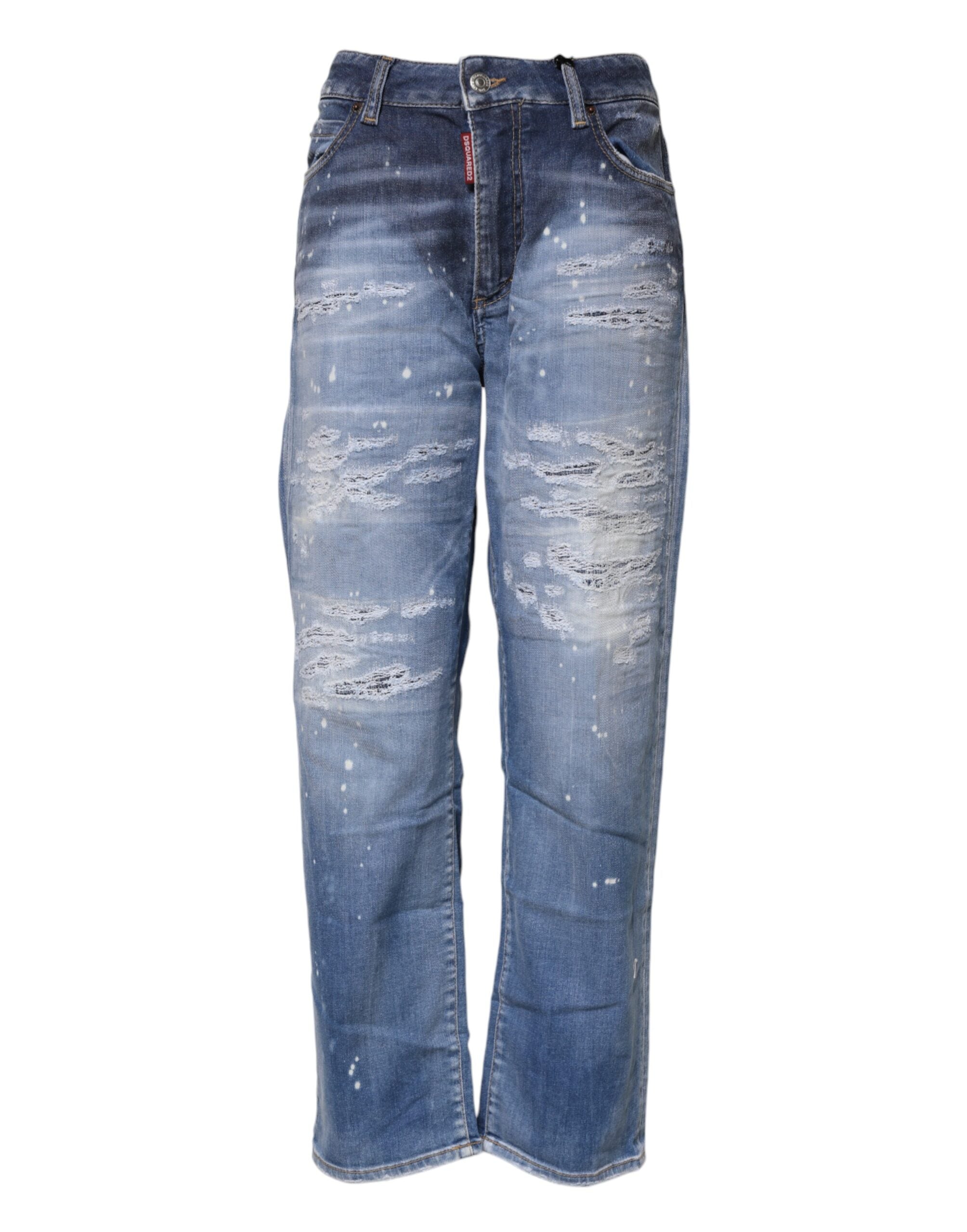 Dsquared² Blue Cotton Tattered Mid Waist Straight Denim Jeans Glam Steals