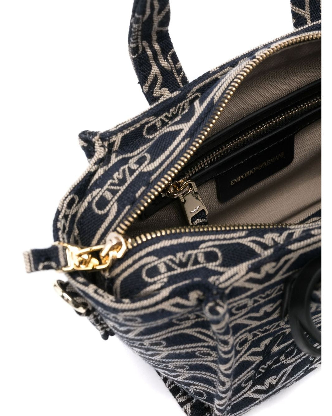 Emporio Armani Canvas Small Tote Bag in All Over Monogram Jacquard Glam Steals