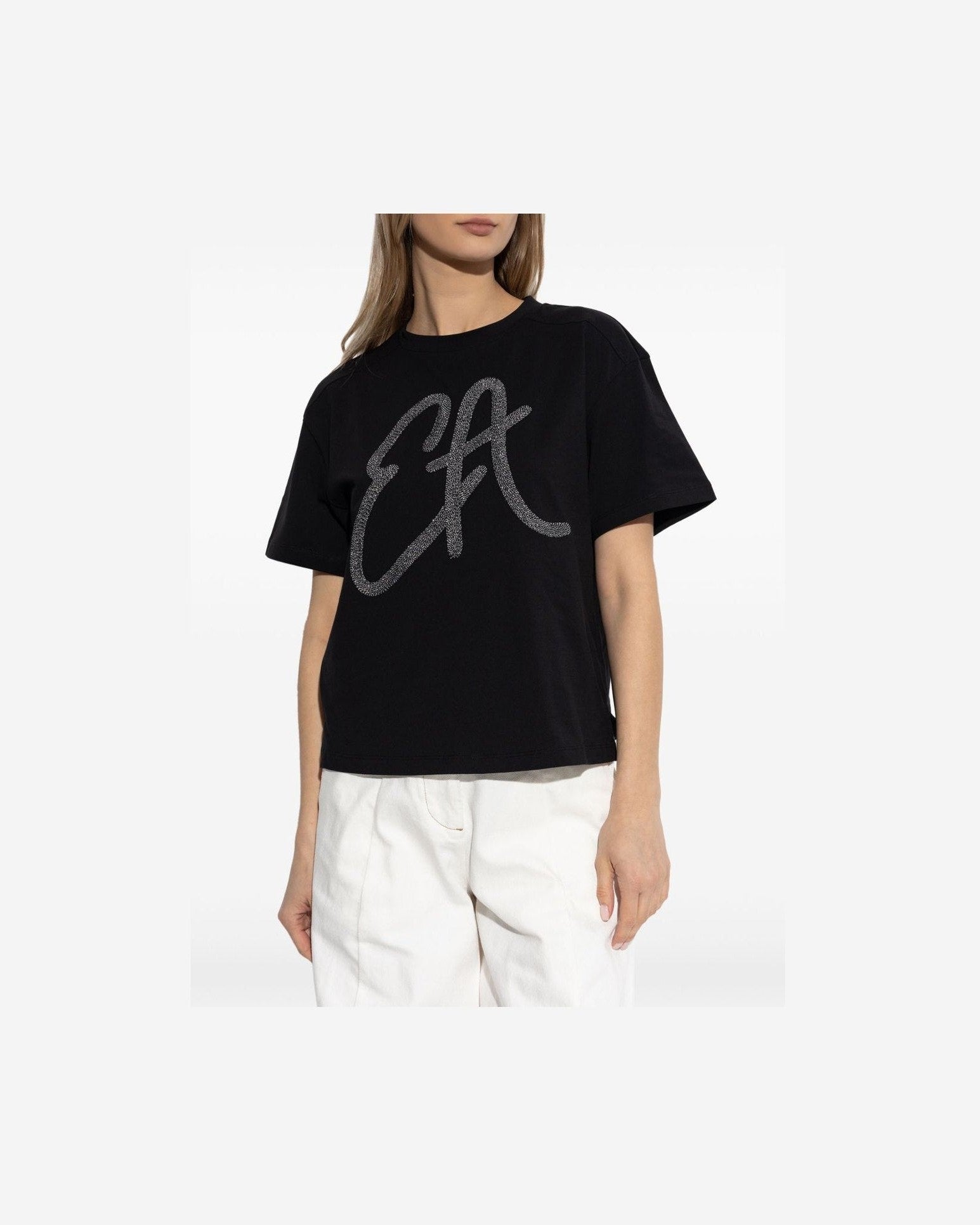 Emporio Armani Cotton Jersey T-shirt with Oversized Lurex Logo Glam Steals